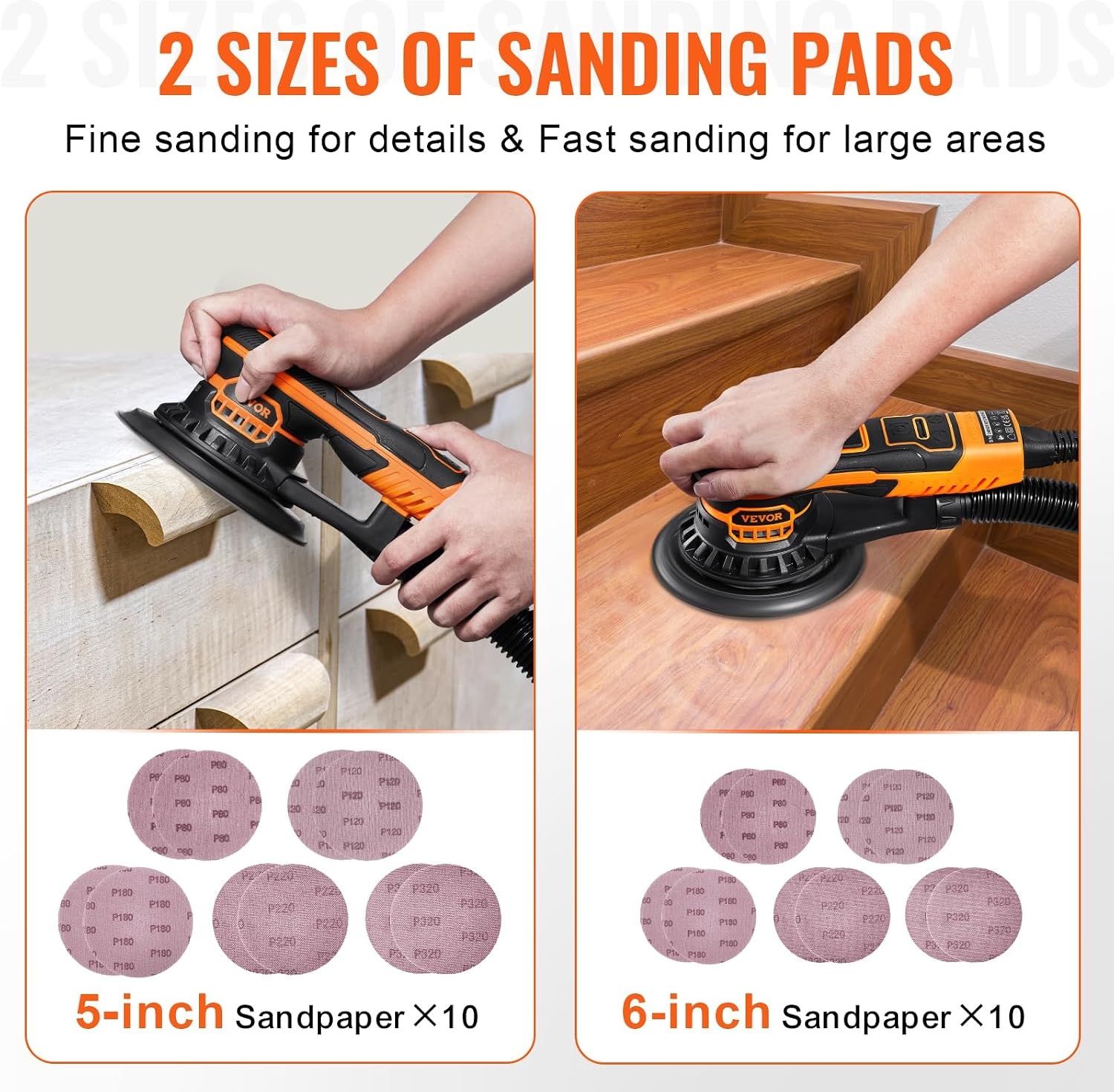 image:imageVEVOR Random Orbital Sander 6Inch 350W Brushless Orbital Sander 10000 PRM 6 Variable Speed Electric Palm Sander with 10PCS Sandpapers Dust Connector amp Hose for Woodworking Detailing SandingOrange