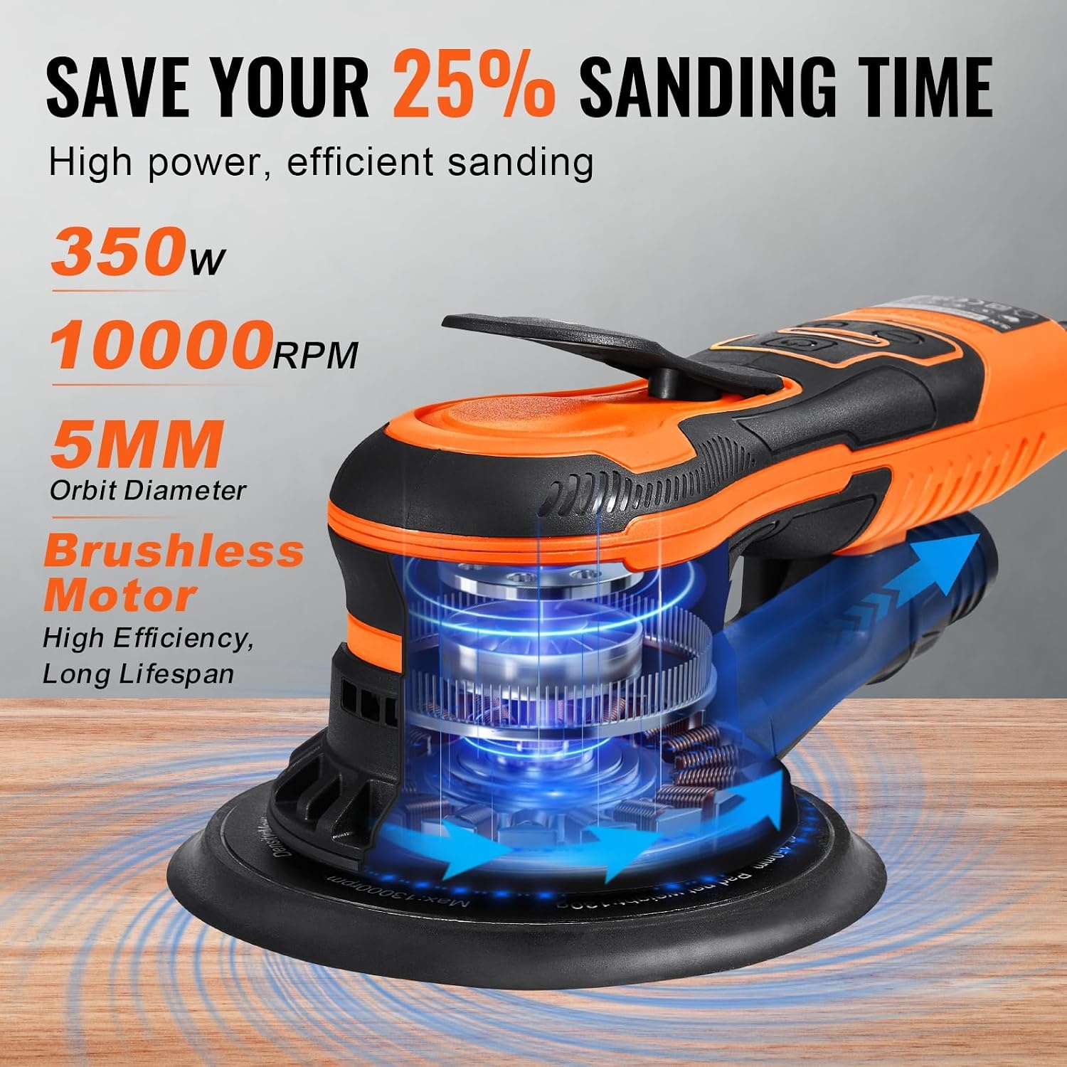 image:imageVEVOR Random Orbital Sander 6Inch 350W Brushless Orbital Sander 10000 PRM 6 Variable Speed Electric Palm Sander with 10PCS Sandpapers Dust Connector amp Hose for Woodworking Detailing SandingOrange