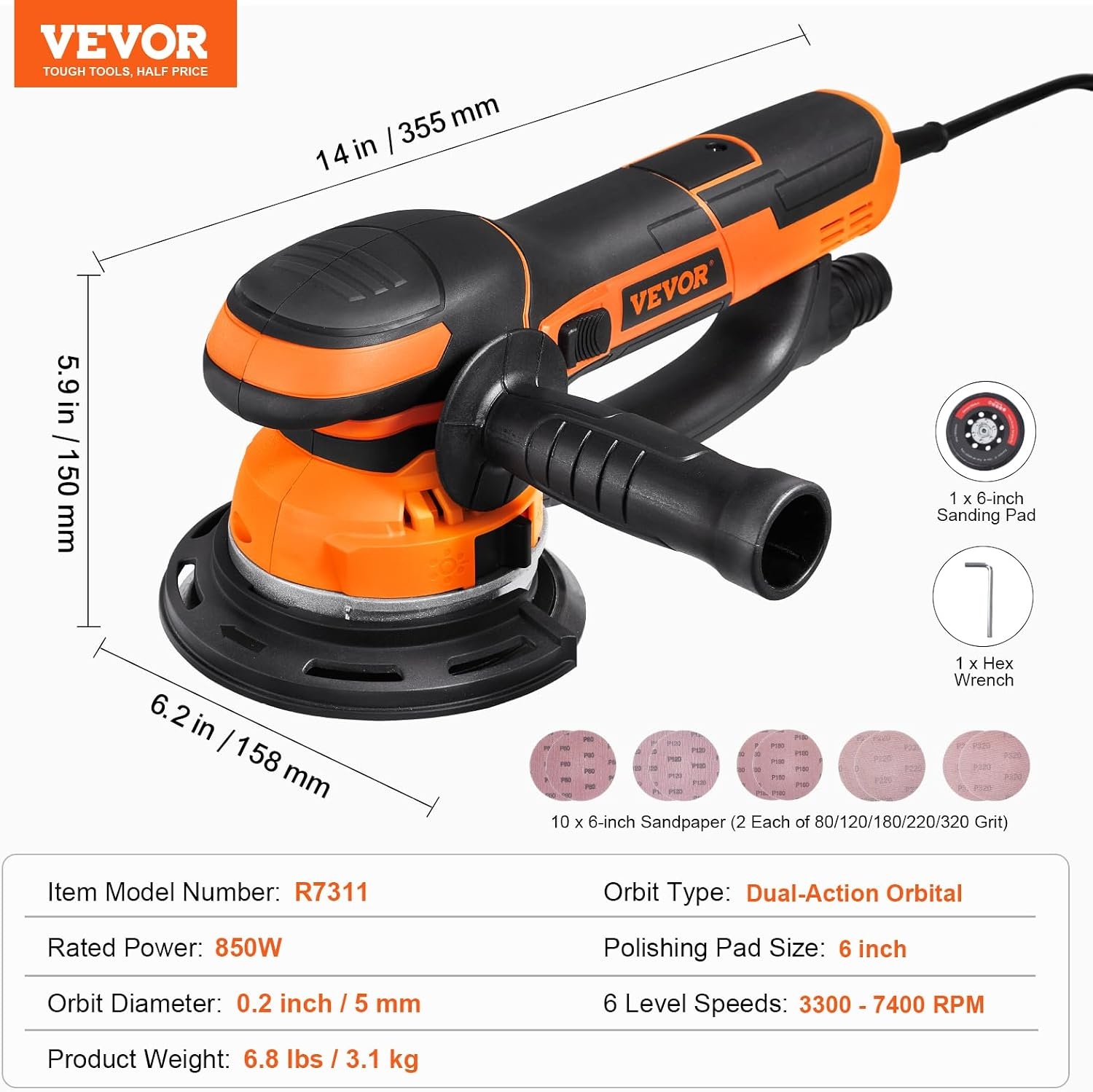 image:imageVEVOR Random Orbital Sander 6Inch 350W Brushless Orbital Sander 10000 PRM 6 Variable Speed Electric Palm Sander with 10PCS Sandpapers Dust Connector amp Hose for Woodworking Detailing SandingOrange