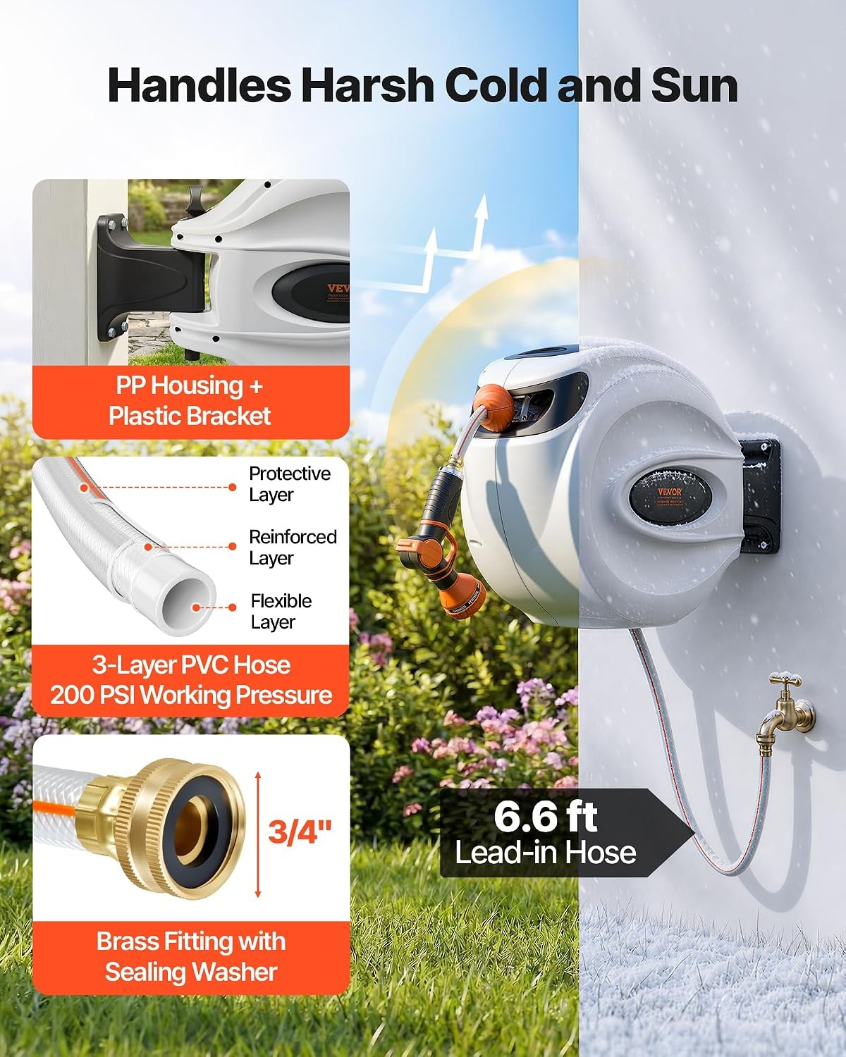 image:imageVEVOR Retractable Hose Reel 84 ft x 58 inch Garden Water Hose Reel with 9Pattern Nozzle 180 Swivel Bracket WallMounted Automatic Rewind Lock at Any Length with Slow Return System65 ft