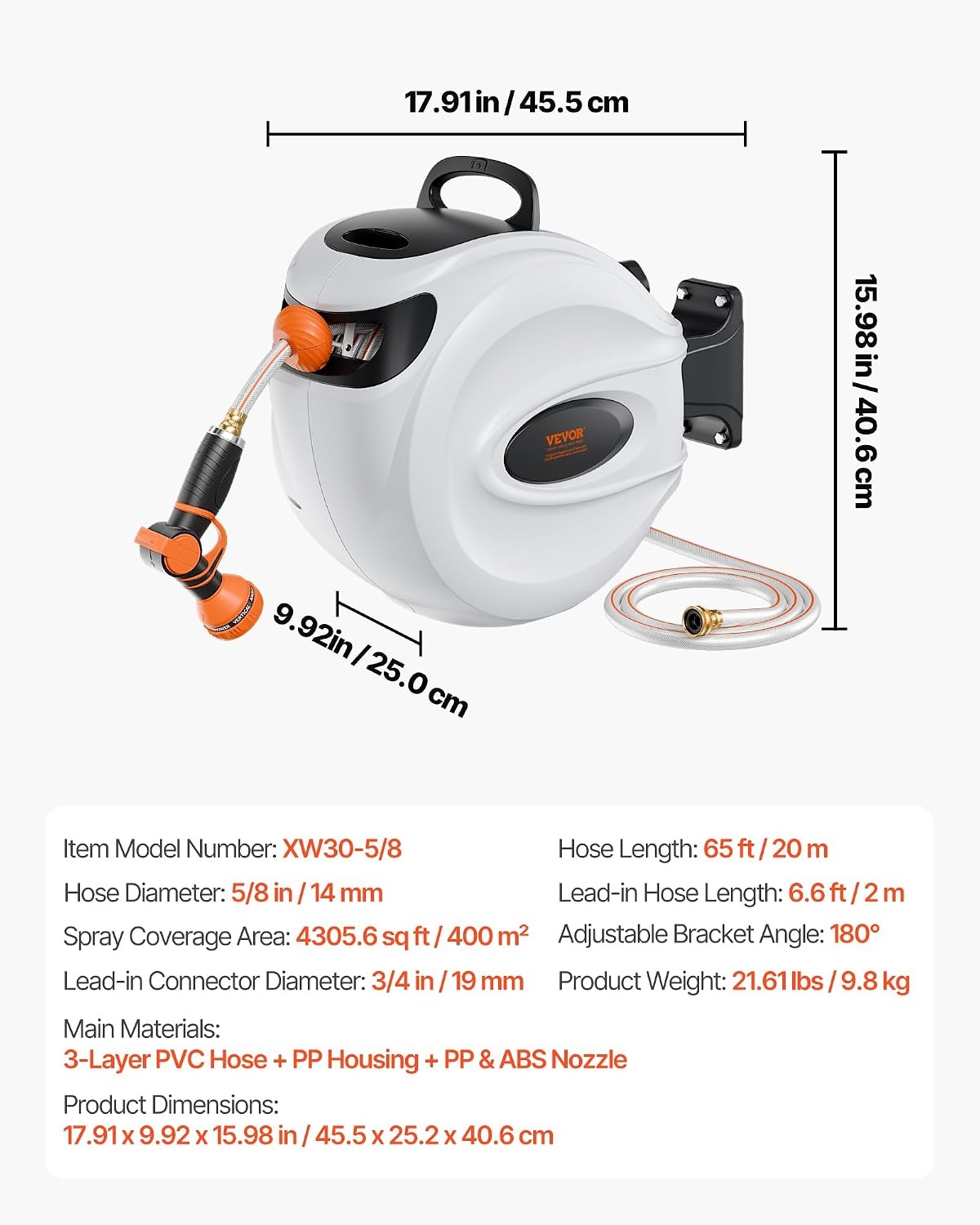 image:imageVEVOR Retractable Hose Reel 84 ft x 58 inch Garden Water Hose Reel with 9Pattern Nozzle 180 Swivel Bracket WallMounted Automatic Rewind Lock at Any Length with Slow Return System65 ft
