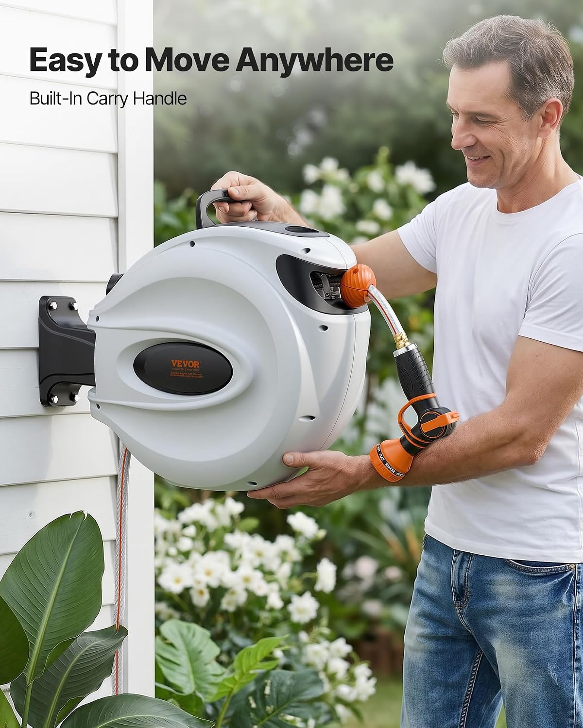 image:imageVEVOR Retractable Hose Reel 84 ft x 58 inch Garden Water Hose Reel with 9Pattern Nozzle 180 Swivel Bracket WallMounted Automatic Rewind Lock at Any Length with Slow Return System65 ft
