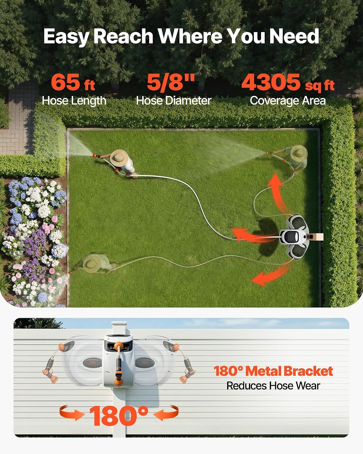 image:imageVEVOR Retractable Hose Reel 84 ft x 58 inch Garden Water Hose Reel with 9Pattern Nozzle 180 Swivel Bracket WallMounted Automatic Rewind Lock at Any Length with Slow Return System65 ft