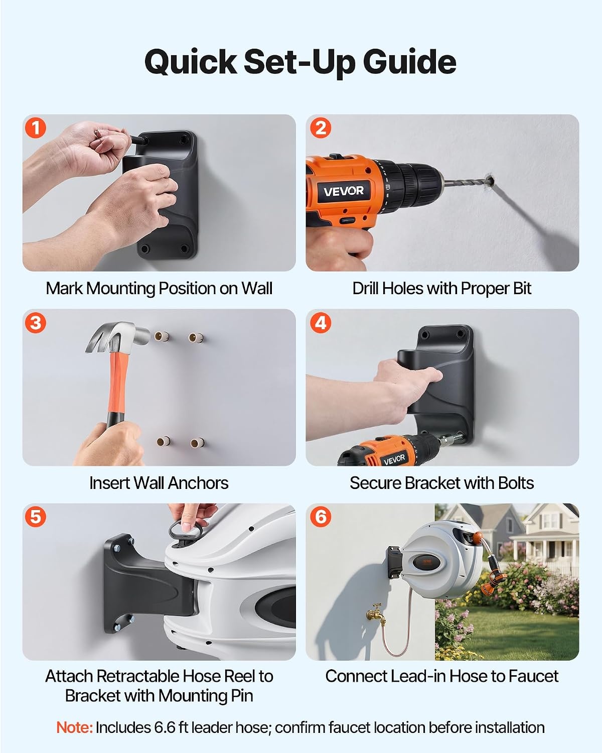 image:imageVEVOR Retractable Hose Reel 84 ft x 58 inch Garden Water Hose Reel with 9Pattern Nozzle 180 Swivel Bracket WallMounted Automatic Rewind Lock at Any Length with Slow Return System65 ft