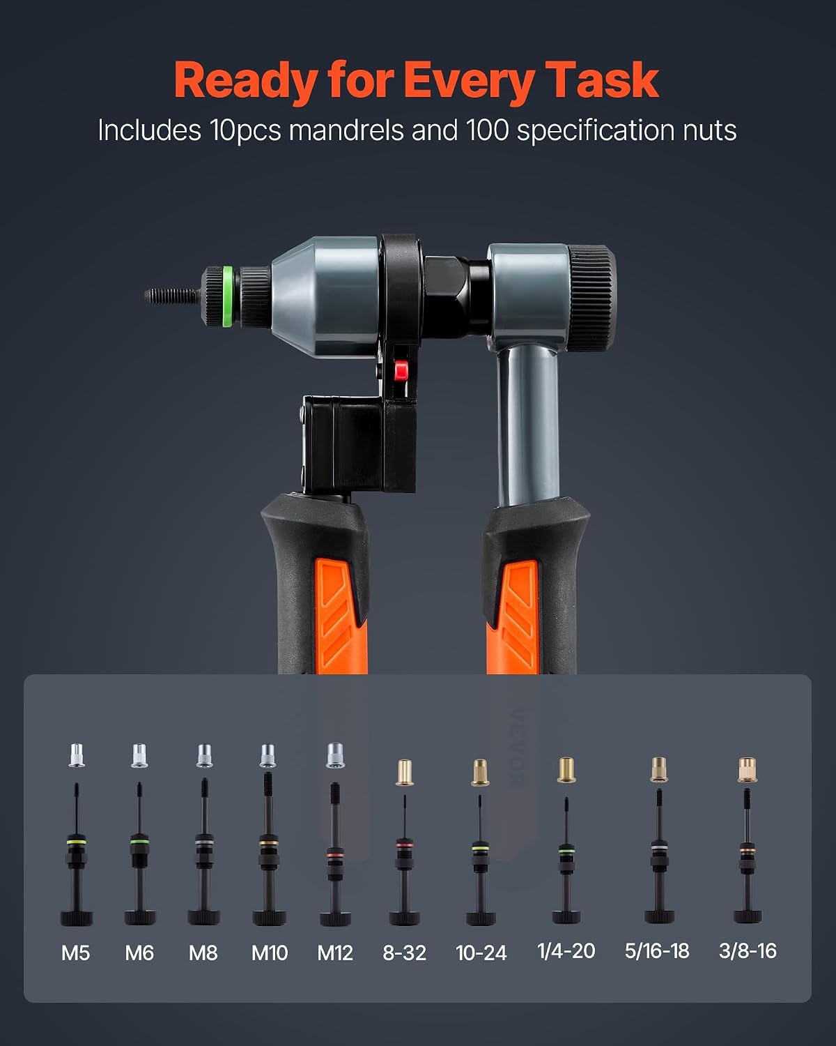 image:imageVEVOR Rivet Nut Tool 16 inch Rivnut Tool Kit with 13PCS Metric and SAE Mandrels 186PCS Rivet Nuts Semiauto Retraction M3 M4 M5 M6 M8 M10 M12 1420 51618 3816 1213 832 1024RIVET NUT TOOL