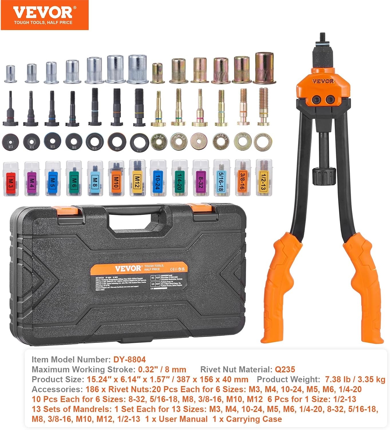 image:imageVEVOR Rivet Nut Tool 16 inch Rivnut Tool Kit with 13PCS Metric and SAE Mandrels 186PCS Rivet Nuts Semiauto Retraction M3 M4 M5 M6 M8 M10 M12 1420 51618 3816 1213 832 1024RIVET NUT TOOL