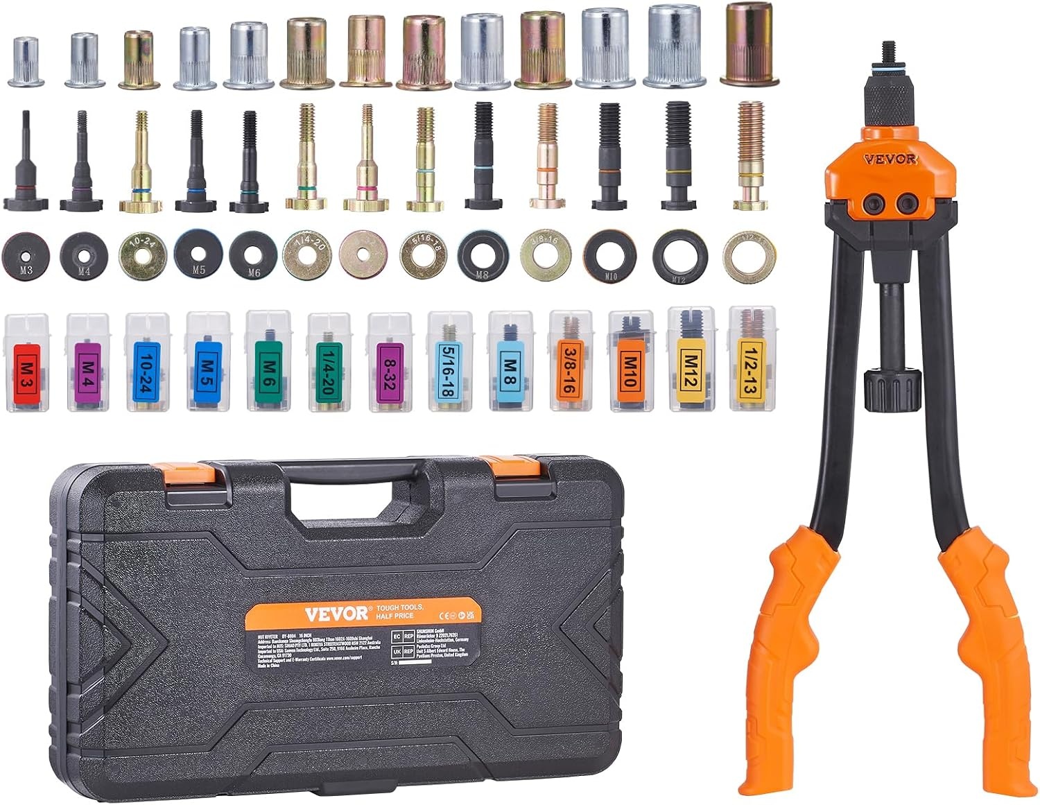 image:imageVEVOR Rivet Nut Tool 16 inch Rivnut Tool Kit with 13PCS Metric and SAE Mandrels 186PCS Rivet Nuts Semiauto Retraction M3 M4 M5 M6 M8 M10 M12 1420 51618 3816 1213 832 1024RIVET NUT TOOL