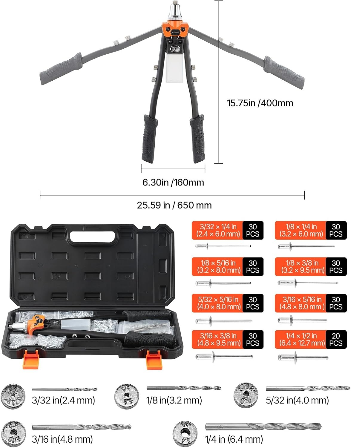 image:imageVEVOR Rivet Nut Tool 16 inch Rivnut Tool Kit with 13PCS Metric and SAE Mandrels 186PCS Rivet Nuts Semiauto Retraction M3 M4 M5 M6 M8 M10 M12 1420 51618 3816 1213 832 1024RIVET GUN