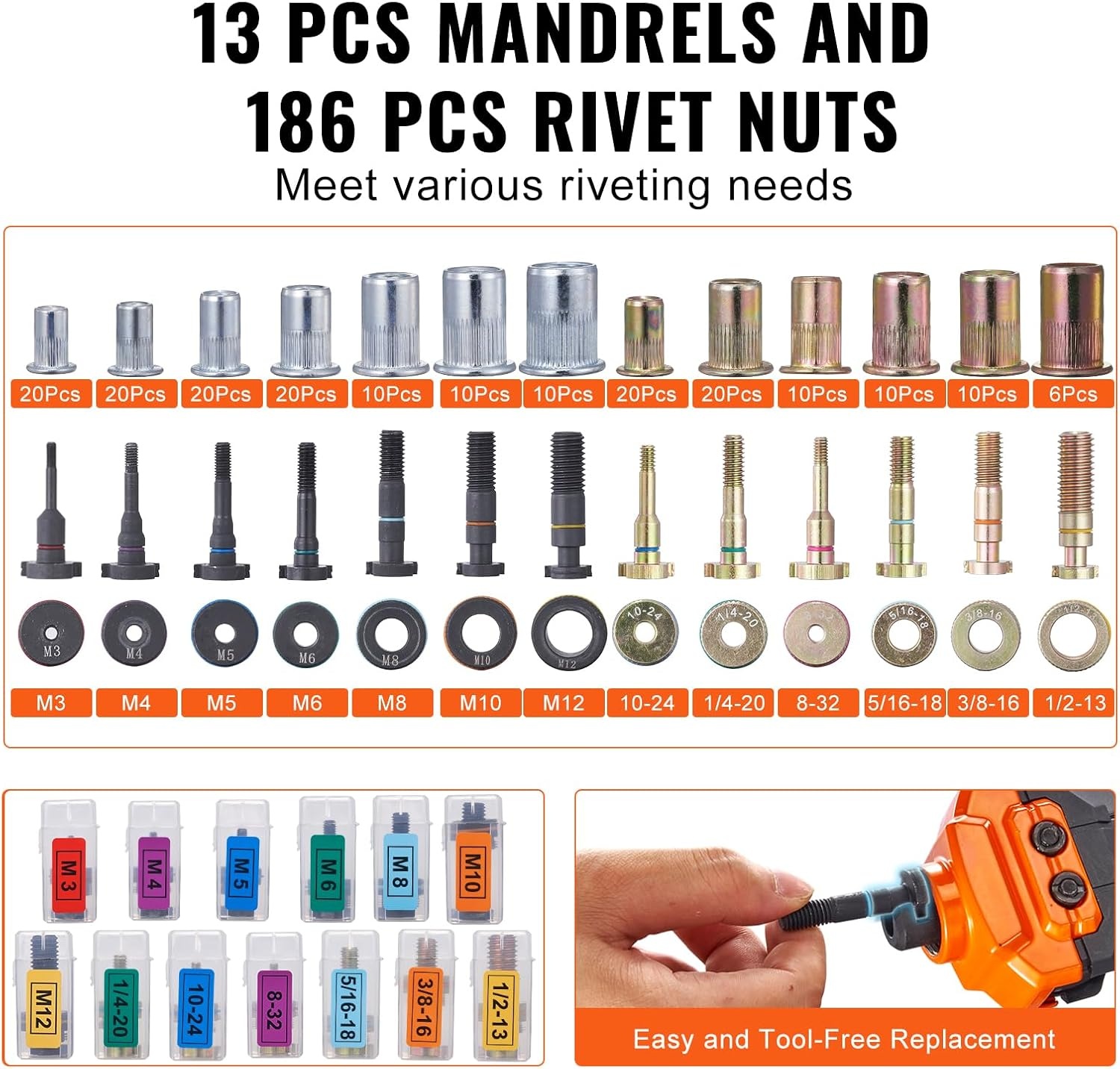 image:imageVEVOR Rivet Nut Tool 16 inch Rivnut Tool Kit with 13PCS Metric and SAE Mandrels 186PCS Rivet Nuts Semiauto Retraction M3 M4 M5 M6 M8 M10 M12 1420 51618 3816 1213 832 1024RIVET NUT TOOL