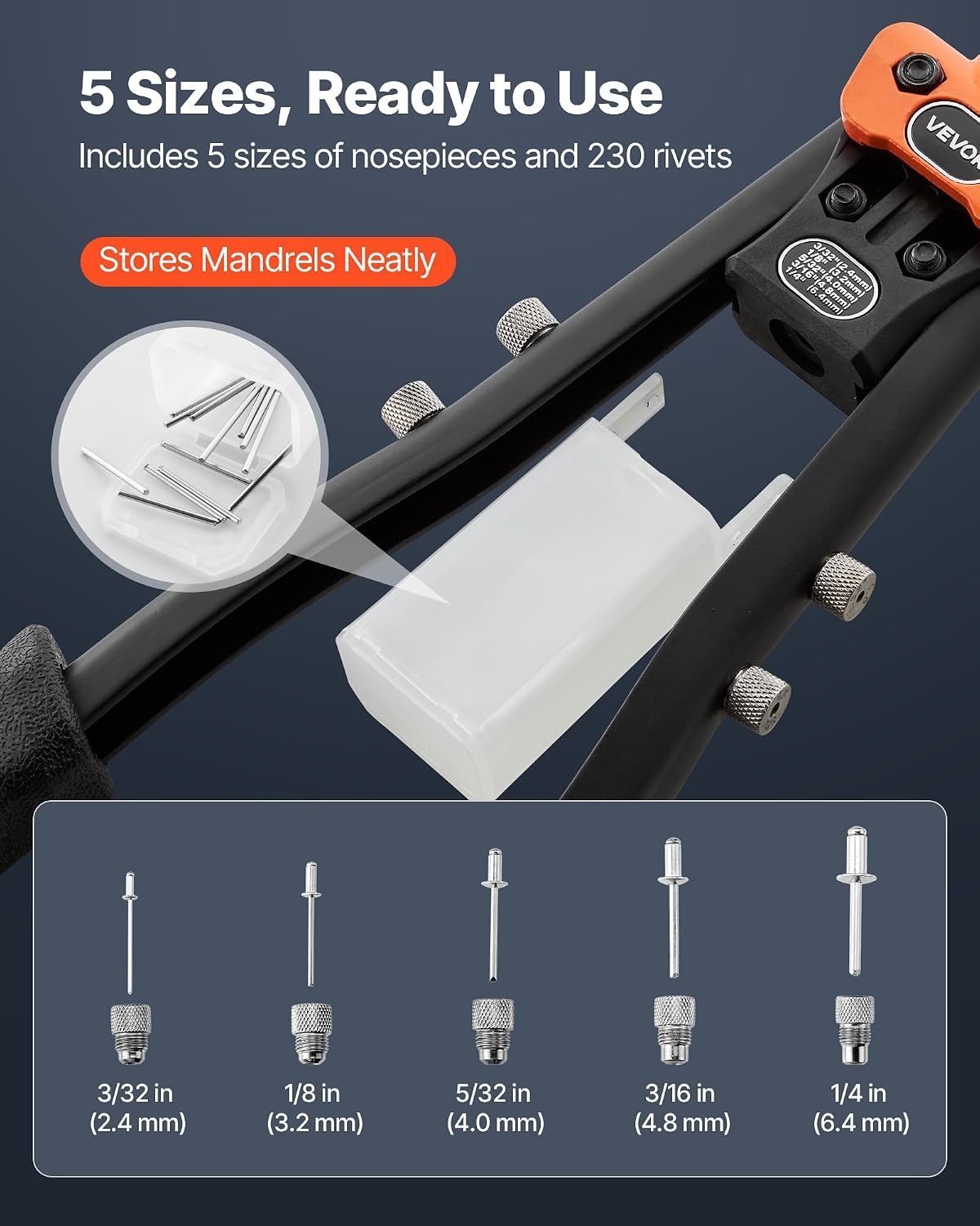 image:imageVEVOR Rivet Nut Tool 16 inch Rivnut Tool Kit with 13PCS Metric and SAE Mandrels 186PCS Rivet Nuts Semiauto Retraction M3 M4 M5 M6 M8 M10 M12 1420 51618 3816 1213 832 1024RIVET GUN