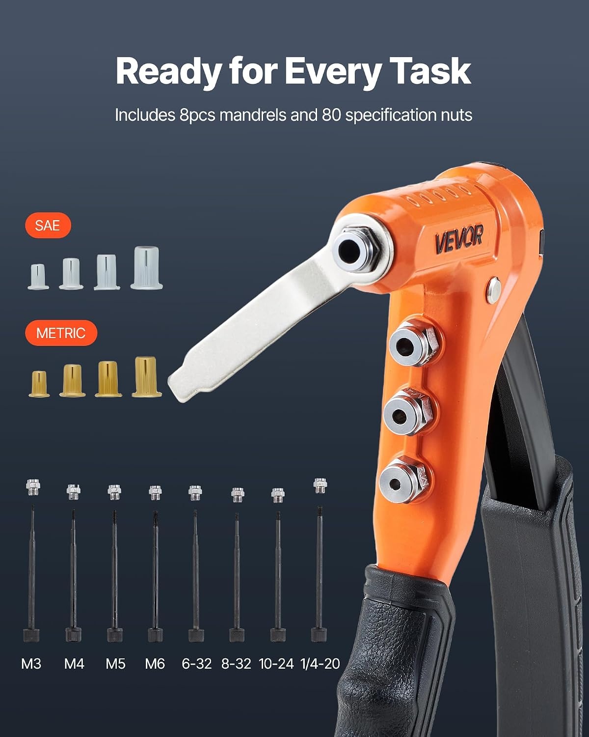 image:imageVEVOR Rivet Nut Tool 16 inch Rivnut Tool Kit with 13PCS Metric and SAE Mandrels 186PCS Rivet Nuts Semiauto Retraction M3 M4 M5 M6 M8 M10 M12 1420 51618 3816 1213 832 1024RIVET NUT TOOL
