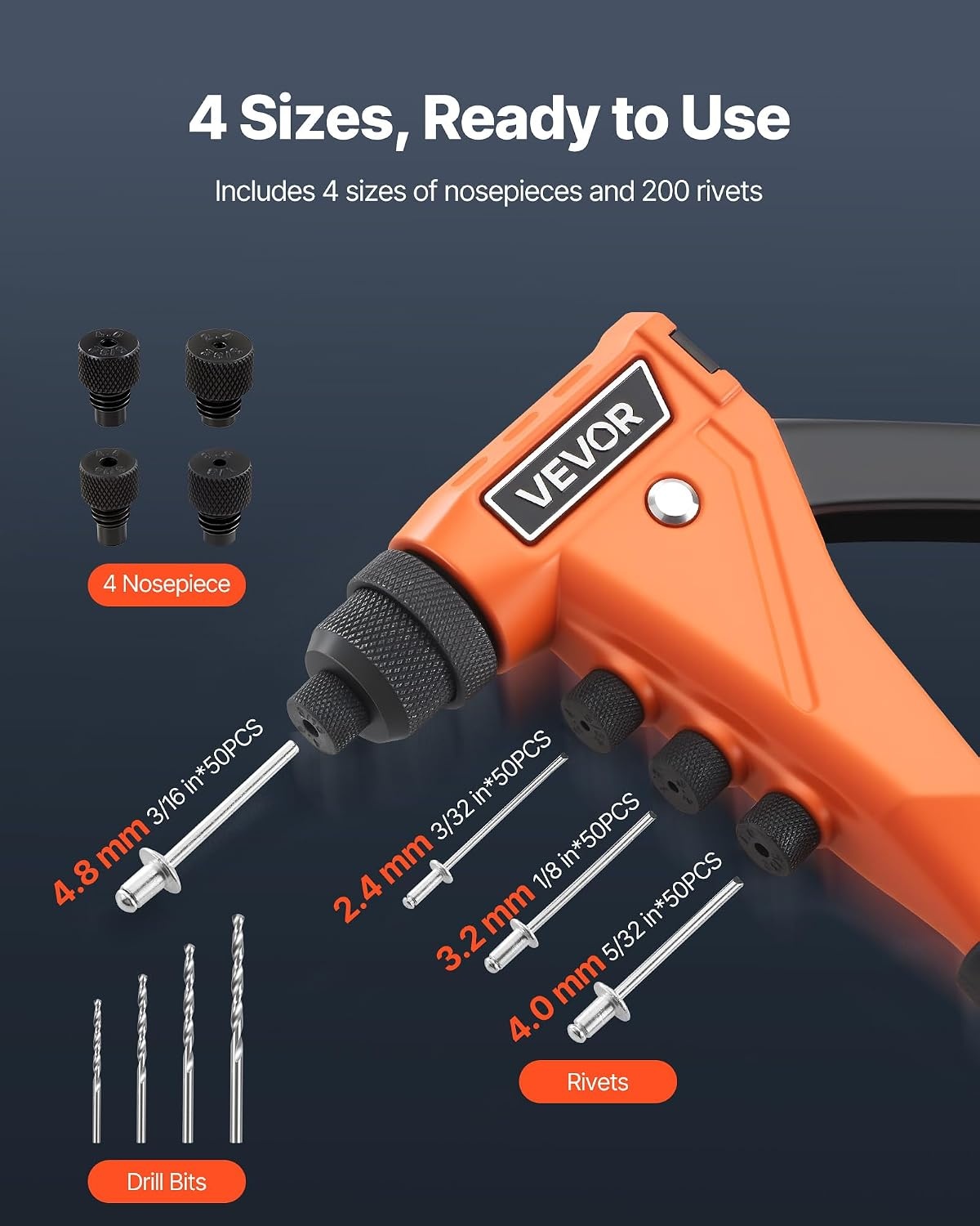 image:imageVEVOR Rivet Nut Tool 16 inch Rivnut Tool Kit with 13PCS Metric and SAE Mandrels 186PCS Rivet Nuts Semiauto Retraction M3 M4 M5 M6 M8 M10 M12 1420 51618 3816 1213 832 1024RIVET GUN