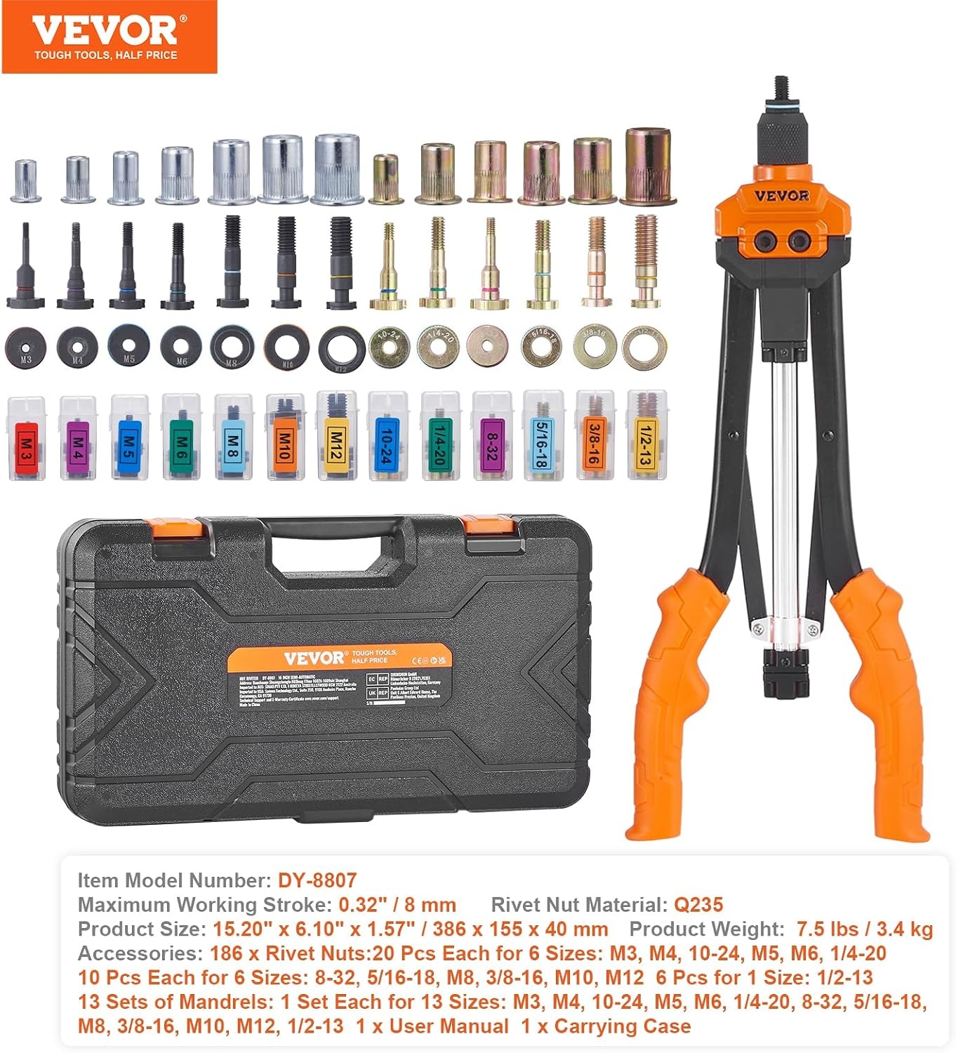 image:imageVEVOR Rivet Nut Tool 16 inch Rivnut Tool Kit with 13PCS Metric and SAE Mandrels 186PCS Rivet Nuts Semiauto Retraction M3 M4 M5 M6 M8 M10 M12 1420 51618 3816 1213 832 1024RIVET NUT TOOL