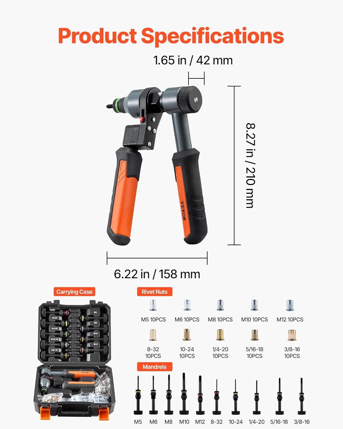 image:imageVEVOR Rivet Nut Tool 16 inch Rivnut Tool Kit with 13PCS Metric and SAE Mandrels 186PCS Rivet Nuts Semiauto Retraction M3 M4 M5 M6 M8 M10 M12 1420 51618 3816 1213 832 1024RIVET NUT TOOL
