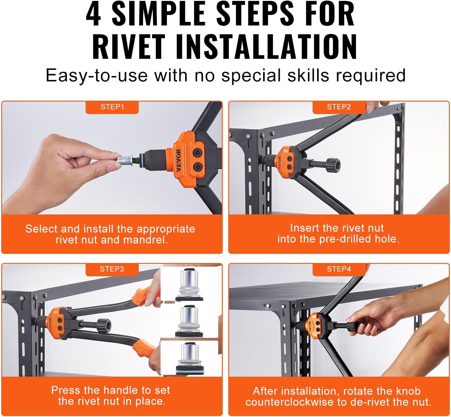 image:imageVEVOR Rivet Nut Tool 16 inch Rivnut Tool Kit with 13PCS Metric and SAE Mandrels 186PCS Rivet Nuts Semiauto Retraction M3 M4 M5 M6 M8 M10 M12 1420 51618 3816 1213 832 1024RIVET NUT TOOL