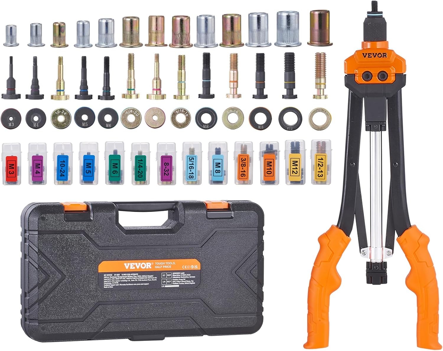 image:imageVEVOR Rivet Nut Tool 16 inch Rivnut Tool Kit with 13PCS Metric and SAE Mandrels 186PCS Rivet Nuts Semiauto Retraction M3 M4 M5 M6 M8 M10 M12 1420 51618 3816 1213 832 1024RIVET NUT TOOL