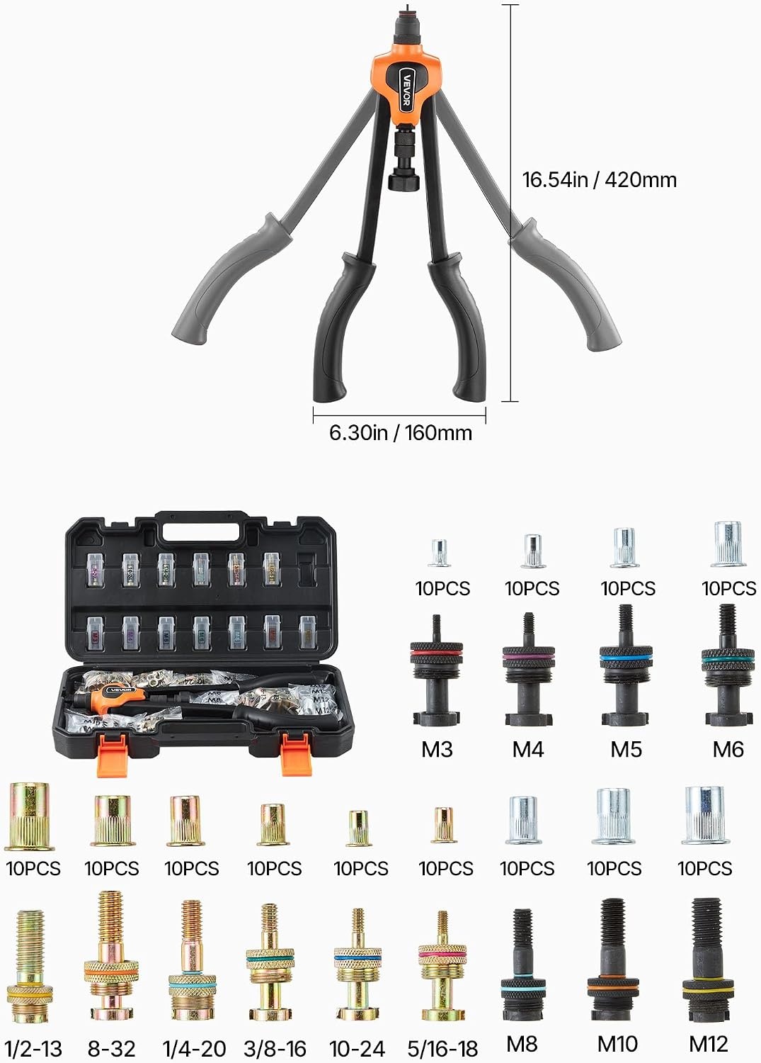 image:imageVEVOR Rivet Nut Tool 16 inch Rivnut Tool Kit with 13PCS Metric and SAE Mandrels 186PCS Rivet Nuts Semiauto Retraction M3 M4 M5 M6 M8 M10 M12 1420 51618 3816 1213 832 1024RIVET NUT TOOL