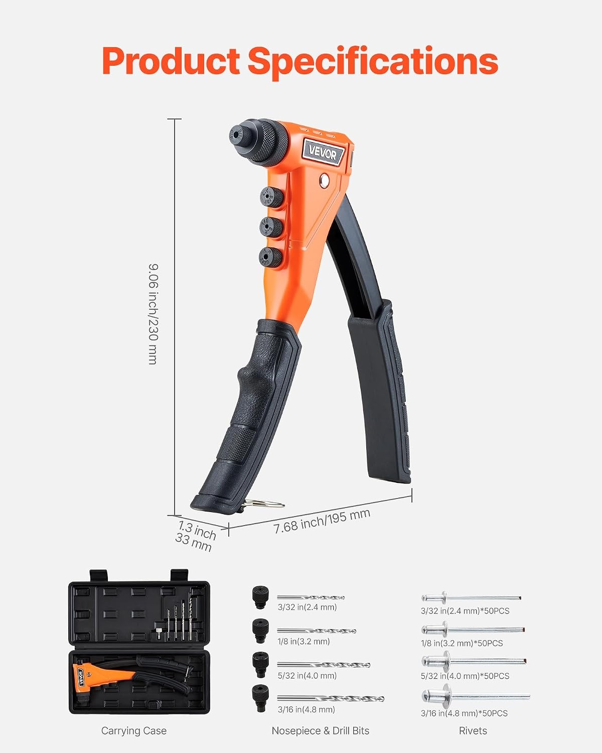 image:imageVEVOR Rivet Nut Tool 16 inch Rivnut Tool Kit with 13PCS Metric and SAE Mandrels 186PCS Rivet Nuts Semiauto Retraction M3 M4 M5 M6 M8 M10 M12 1420 51618 3816 1213 832 1024RIVET GUN