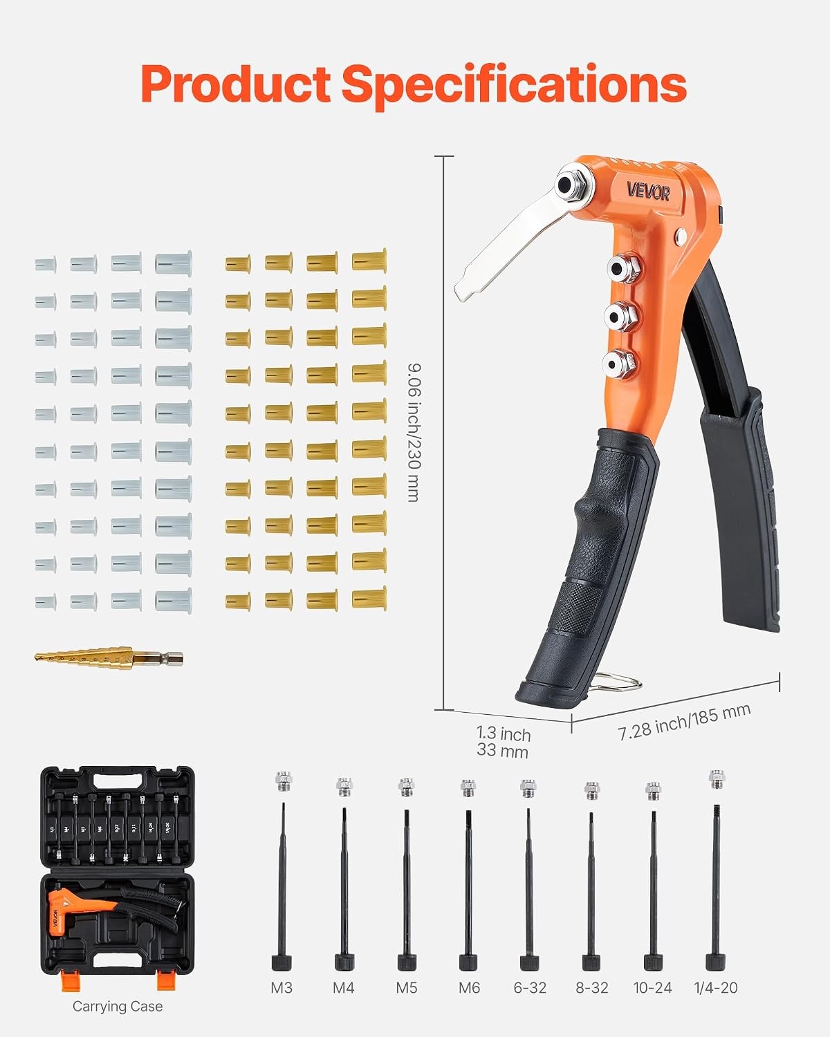 image:imageVEVOR Rivet Nut Tool 16 inch Rivnut Tool Kit with 13PCS Metric and SAE Mandrels 186PCS Rivet Nuts Semiauto Retraction M3 M4 M5 M6 M8 M10 M12 1420 51618 3816 1213 832 1024RIVET NUT TOOL
