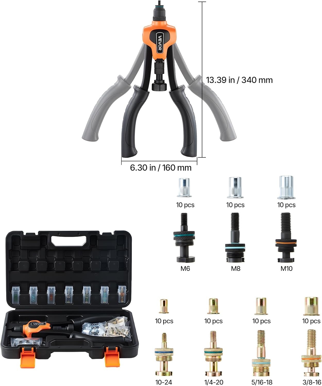 image:imageVEVOR Rivet Nut Tool 16 inch Rivnut Tool Kit with 13PCS Metric and SAE Mandrels 186PCS Rivet Nuts Semiauto Retraction M3 M4 M5 M6 M8 M10 M12 1420 51618 3816 1213 832 1024RIVET NUT TOOL