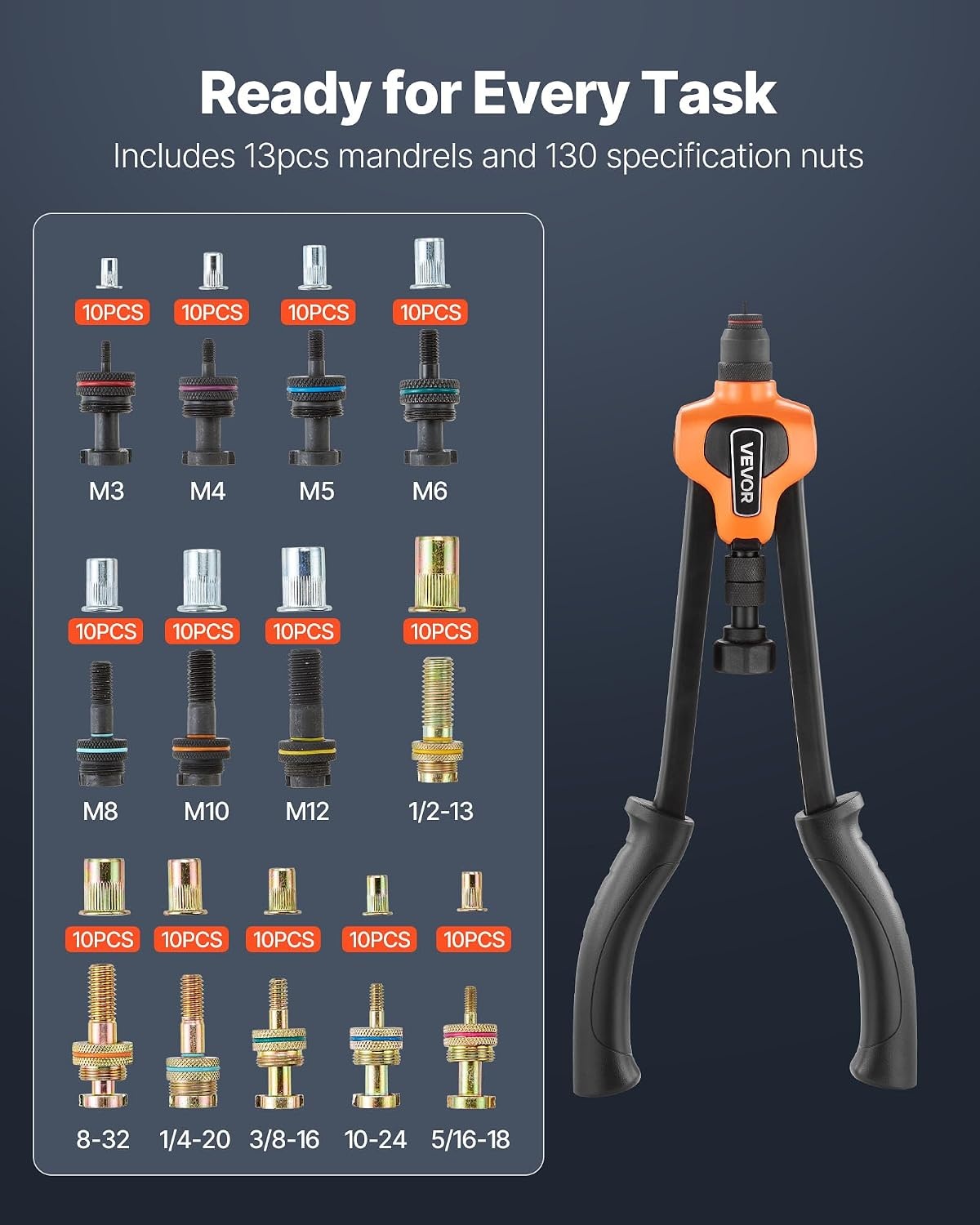 image:imageVEVOR Rivet Nut Tool 16 inch Rivnut Tool Kit with 13PCS Metric and SAE Mandrels 186PCS Rivet Nuts Semiauto Retraction M3 M4 M5 M6 M8 M10 M12 1420 51618 3816 1213 832 1024RIVET NUT TOOL