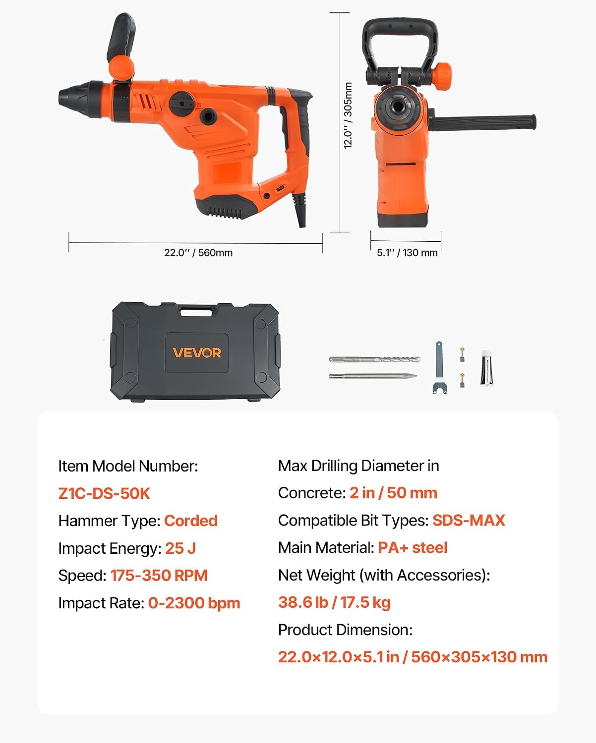 image:imageVEVOR Rotary Hammer Drill 1916 in SDSMax Cordless Heavy Duty 20V Battery Powered Rotary Hammer Including 2 Batteries Charger Drill Bit Pointed Chisel Carrying Case for Concrete Masonry134 1600W