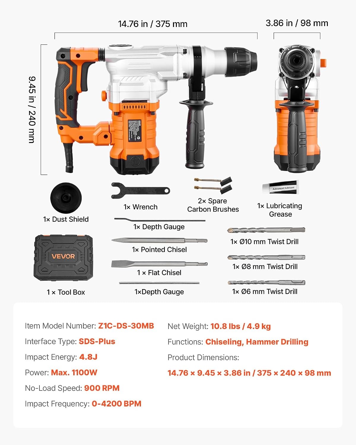 image:imageVEVOR Rotary Hammer Drill 1916 in SDSMax Cordless Heavy Duty 20V Battery Powered Rotary Hammer Including 2 Batteries Charger Drill Bit Pointed Chisel Carrying Case for Concrete Masonry118 1100W