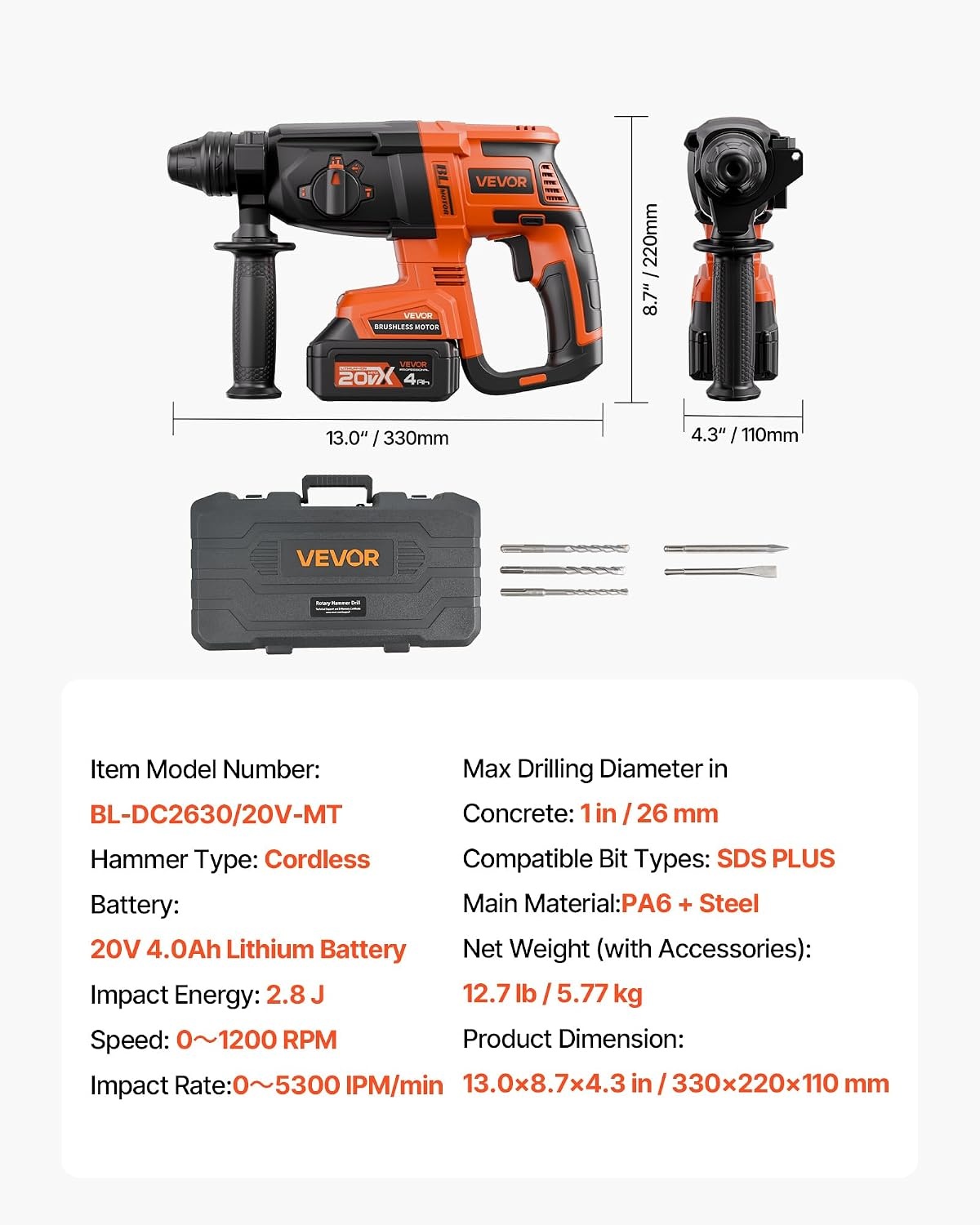 image:imageVEVOR Rotary Hammer Drill 1916 in SDSMax Cordless Heavy Duty 20V Battery Powered Rotary Hammer Including 2 Batteries Charger Drill Bit Pointed Chisel Carrying Case for Concrete Masonry1