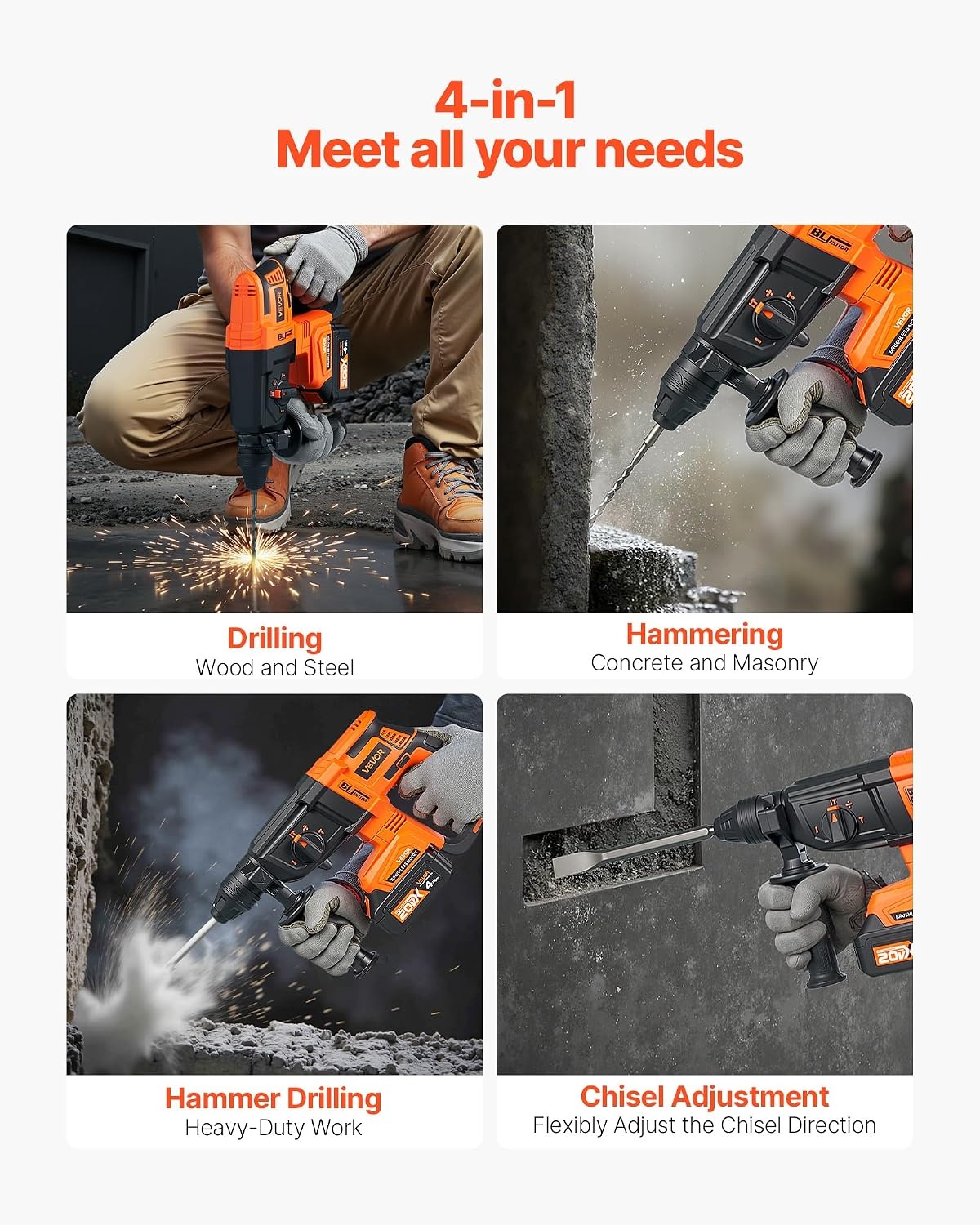 image:imageVEVOR Rotary Hammer Drill 1916 in SDSMax Cordless Heavy Duty 20V Battery Powered Rotary Hammer Including 2 Batteries Charger Drill Bit Pointed Chisel Carrying Case for Concrete Masonry1