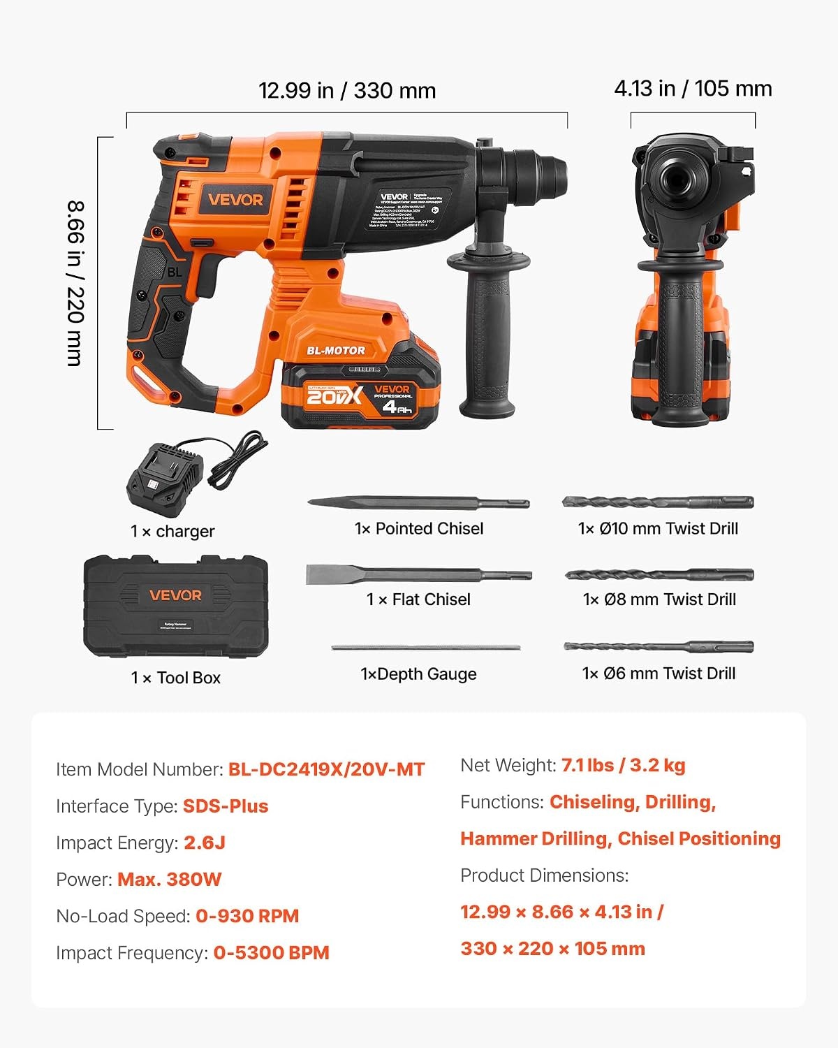 image:imageVEVOR Rotary Hammer Drill 1916 in SDSMax Cordless Heavy Duty 20V Battery Powered Rotary Hammer Including 2 Batteries Charger Drill Bit Pointed Chisel Carrying Case for Concrete Masonry78 20V