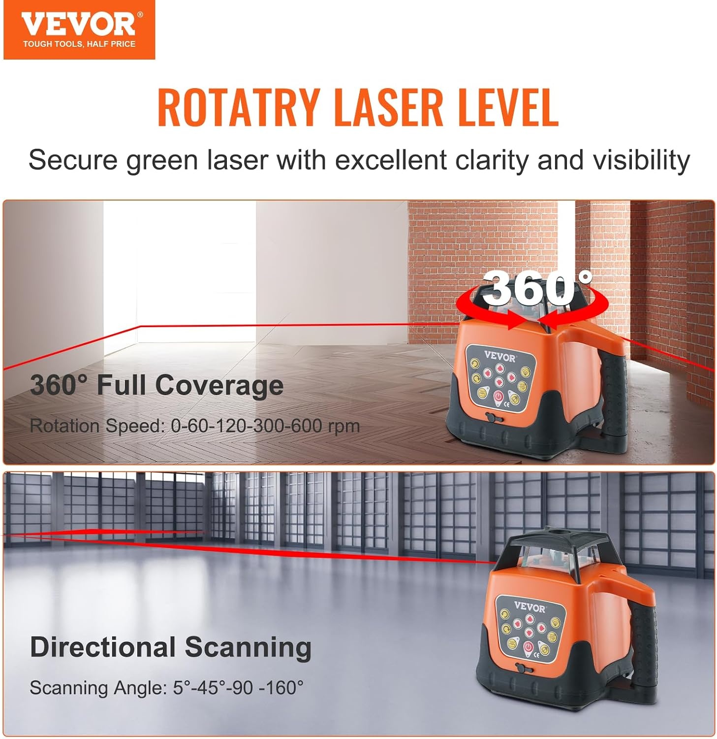 image:imageVEVOR Rotary Laser Level 1650ft360 Degree Self Leveling Red Cross Line Laser5 Rotation Speedsamp4 Scanning Angles AdjustmentIP66 Waterproof Remote Control Manual Selfleveling ModeBattery Included