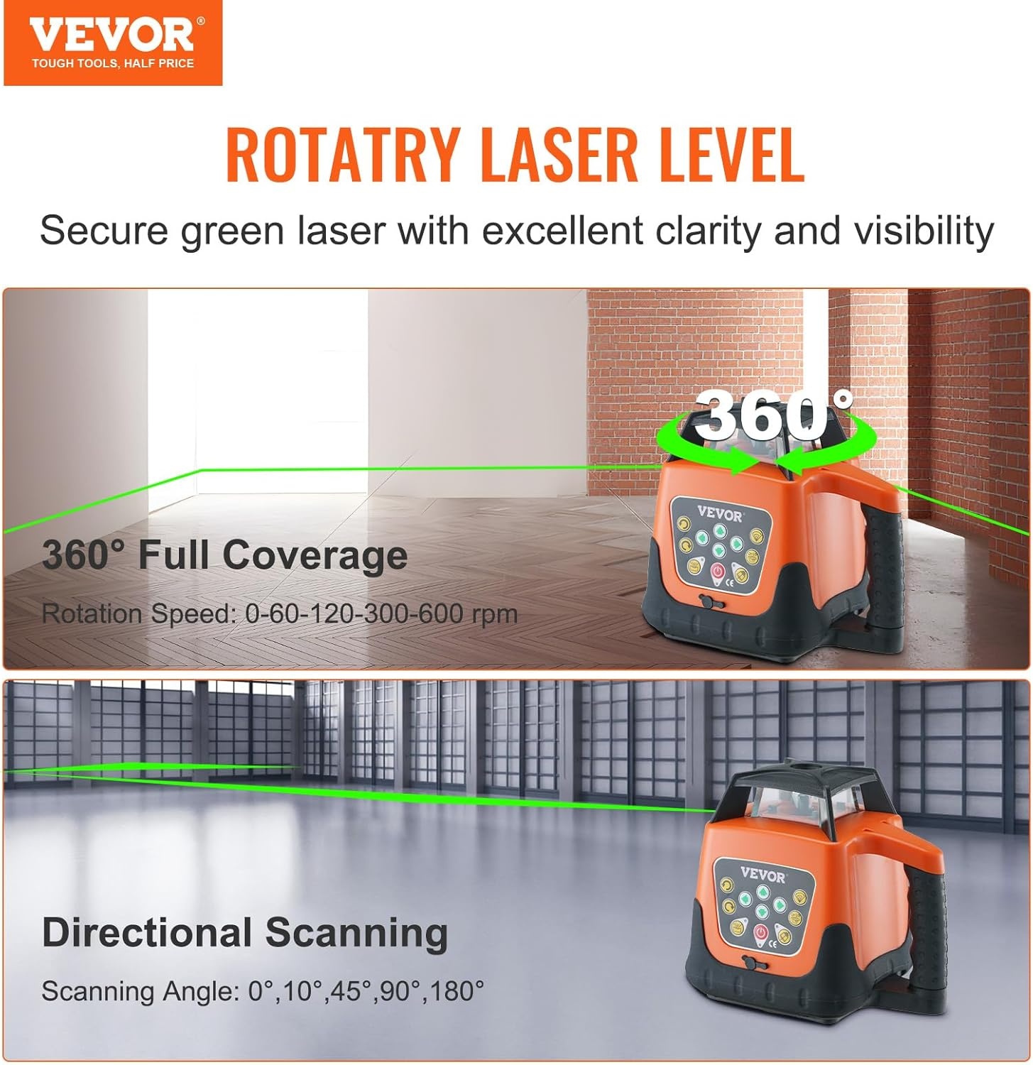 image:imageVEVOR Rotary Laser Level 2000ft360 Degree Self Leveling Green Cross Line Laser5 Rotation Speedsamp4 Scanning Angles AdjustmentIP66 Waterproof Remote Control Manual Selfleveling ModeBattery Included