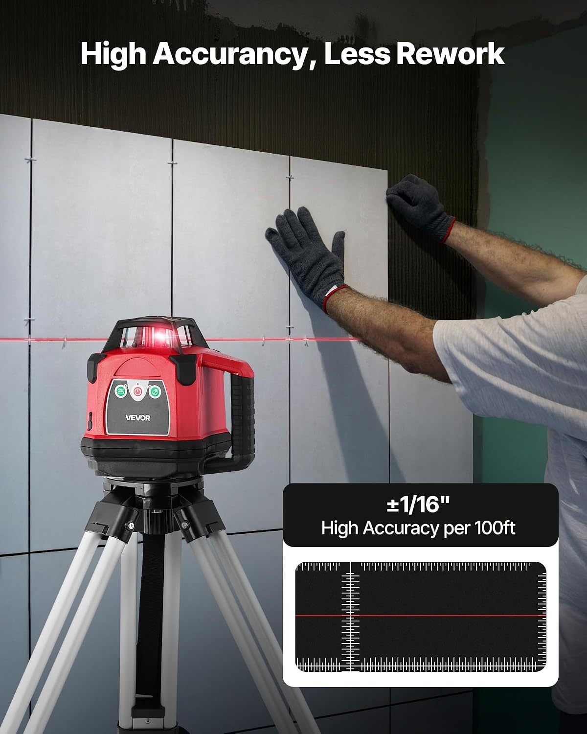 image:imageVEVOR Rotary Laser Level Kit 1650ft 360Degree Self Leveling Red Horizontal Laser Transitwith Heavyduty Tripod Receiver Remote Control Toolcase IP54 Waterproof 006 in100 ft for ConstructionRed