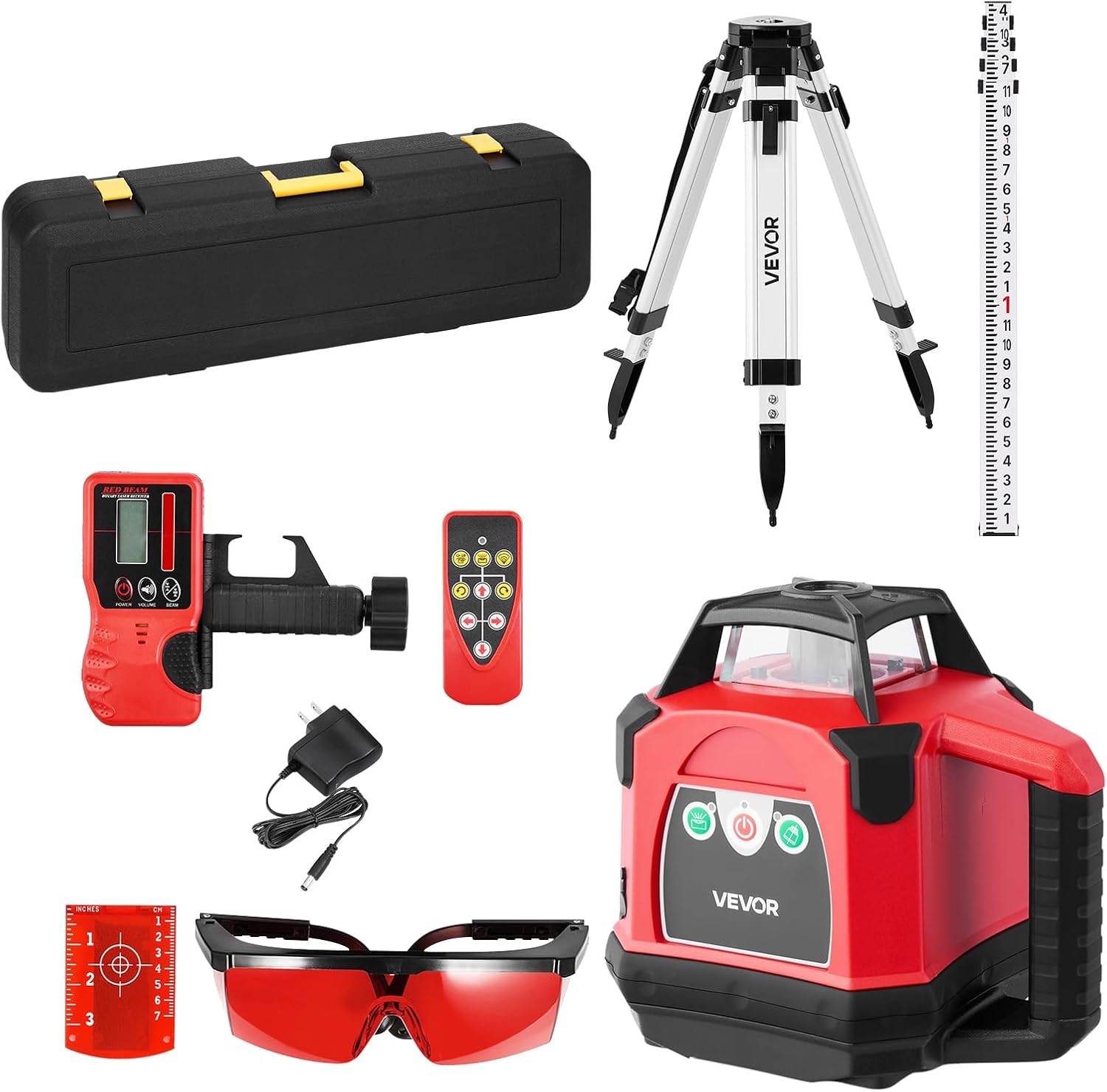 image:imageVEVOR Rotary Laser Level Kit 1650ft 360Degree Self Leveling Red Horizontal Laser Transitwith Heavyduty Tripod Receiver Remote Control Toolcase IP54 Waterproof 006 in100 ft for ConstructionRed