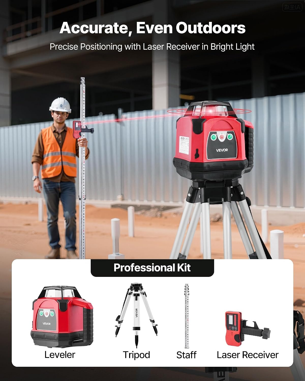 image:imageVEVOR Rotary Laser Level Kit 1650ft 360Degree Self Leveling Red Horizontal Laser Transitwith Heavyduty Tripod Receiver Remote Control Toolcase IP54 Waterproof 006 in100 ft for ConstructionRed