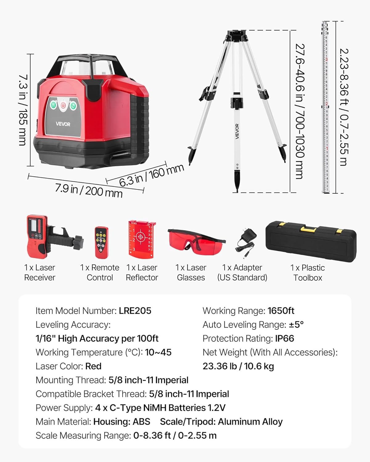 image:imageVEVOR Rotary Laser Level Kit 1650ft 360Degree Self Leveling Red Horizontal Laser Transitwith Heavyduty Tripod Receiver Remote Control Toolcase IP54 Waterproof 006 in100 ft for ConstructionRed