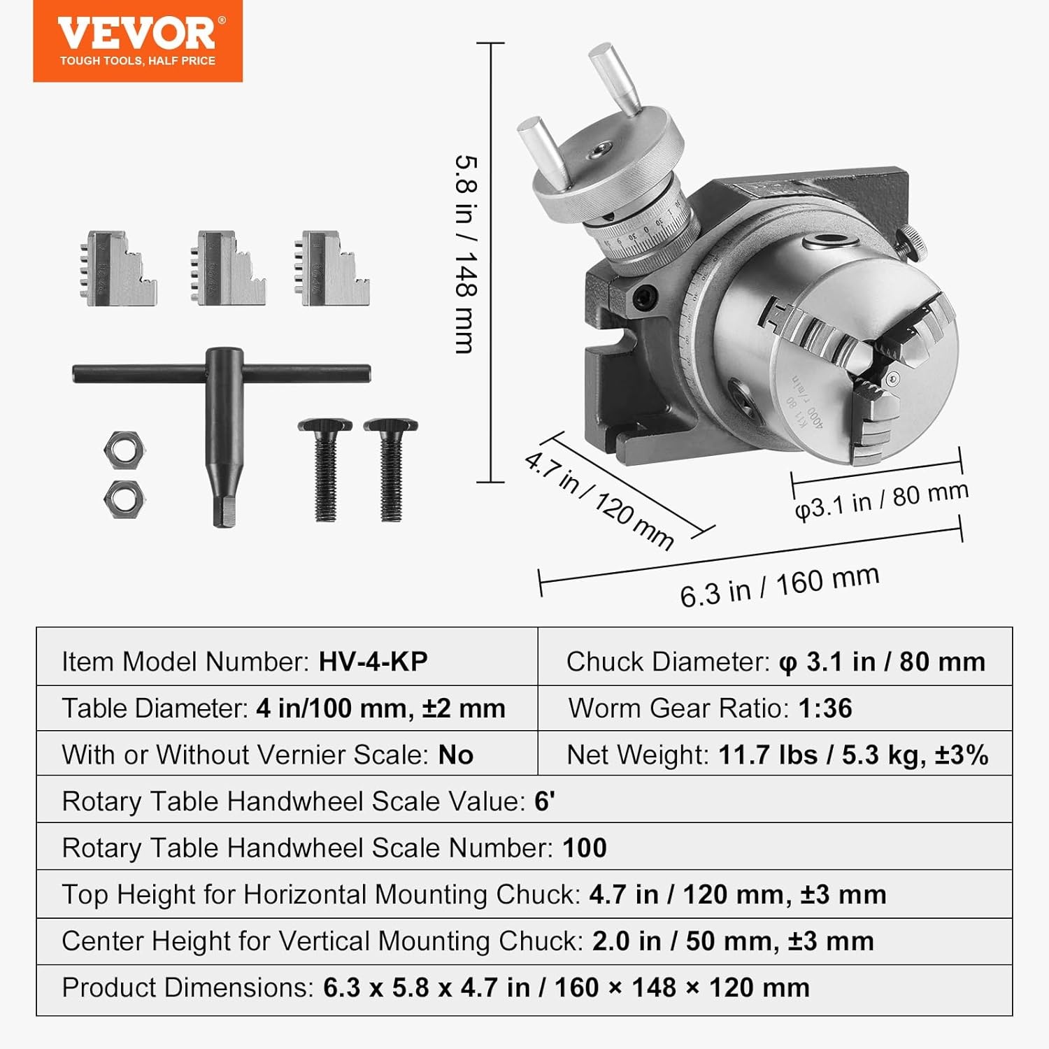 image:imageVEVOR Rotary Table for Milling Machines 4 100 mm Horizontal Vertical Model Precision Milling Rotary Table with 3180 mm 3Jaw Chuck M10 TBolts Nuts for Milling Engineering Indexing Tools