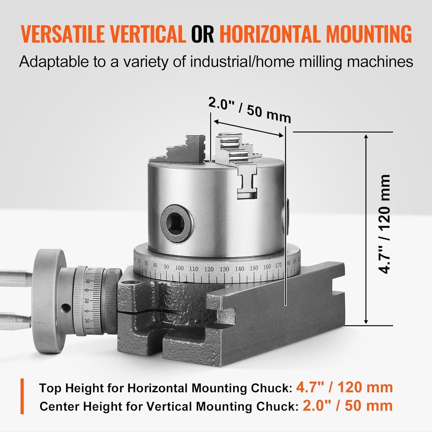 image:imageVEVOR Rotary Table for Milling Machines 4 100 mm Horizontal Vertical Model Precision Milling Rotary Table with 3180 mm 3Jaw Chuck M10 TBolts Nuts for Milling Engineering Indexing Tools