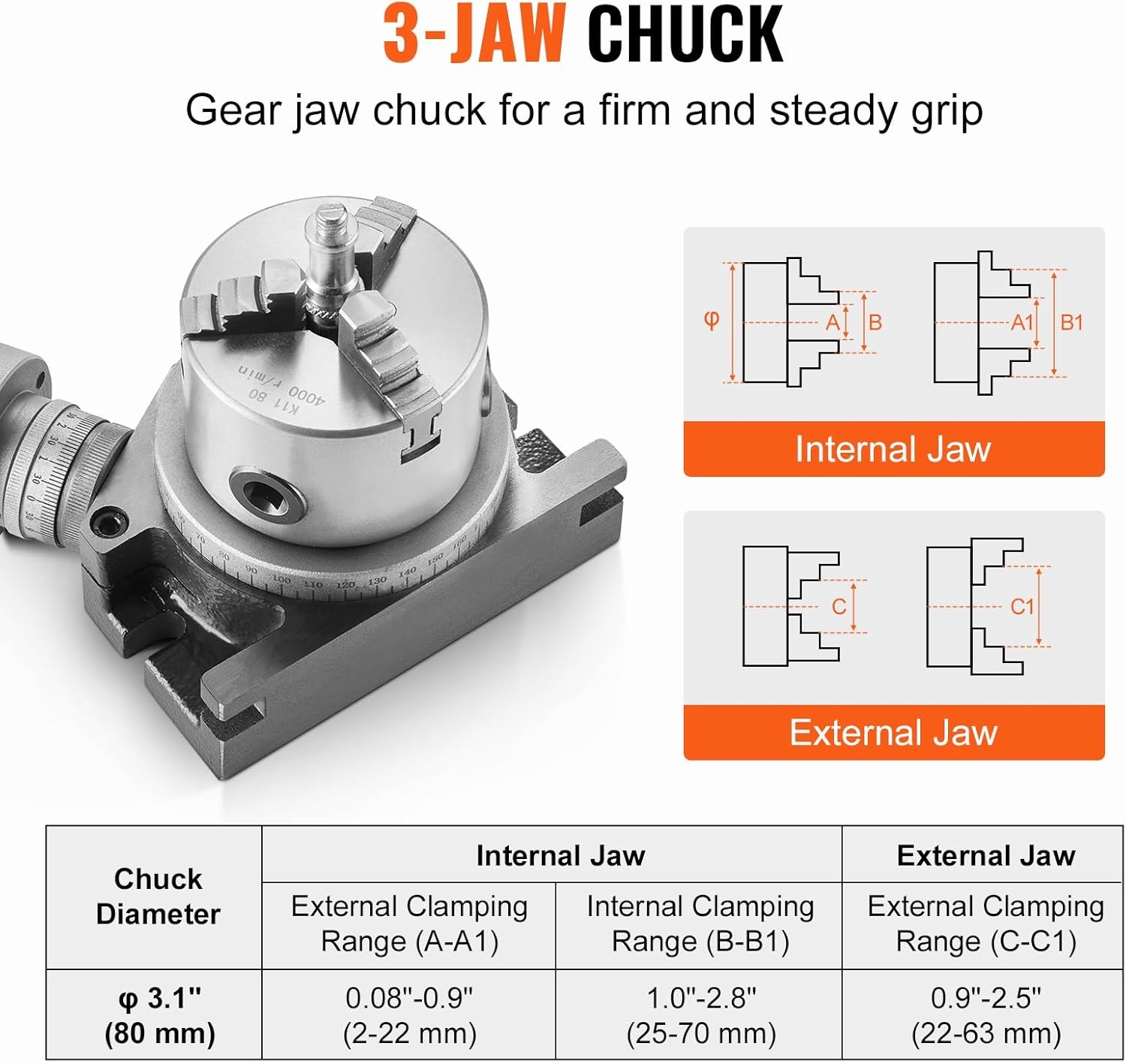 image:imageVEVOR Rotary Table for Milling Machines 4 100 mm Horizontal Vertical Model Precision Milling Rotary Table with 3180 mm 3Jaw Chuck M10 TBolts Nuts for Milling Engineering Indexing Tools