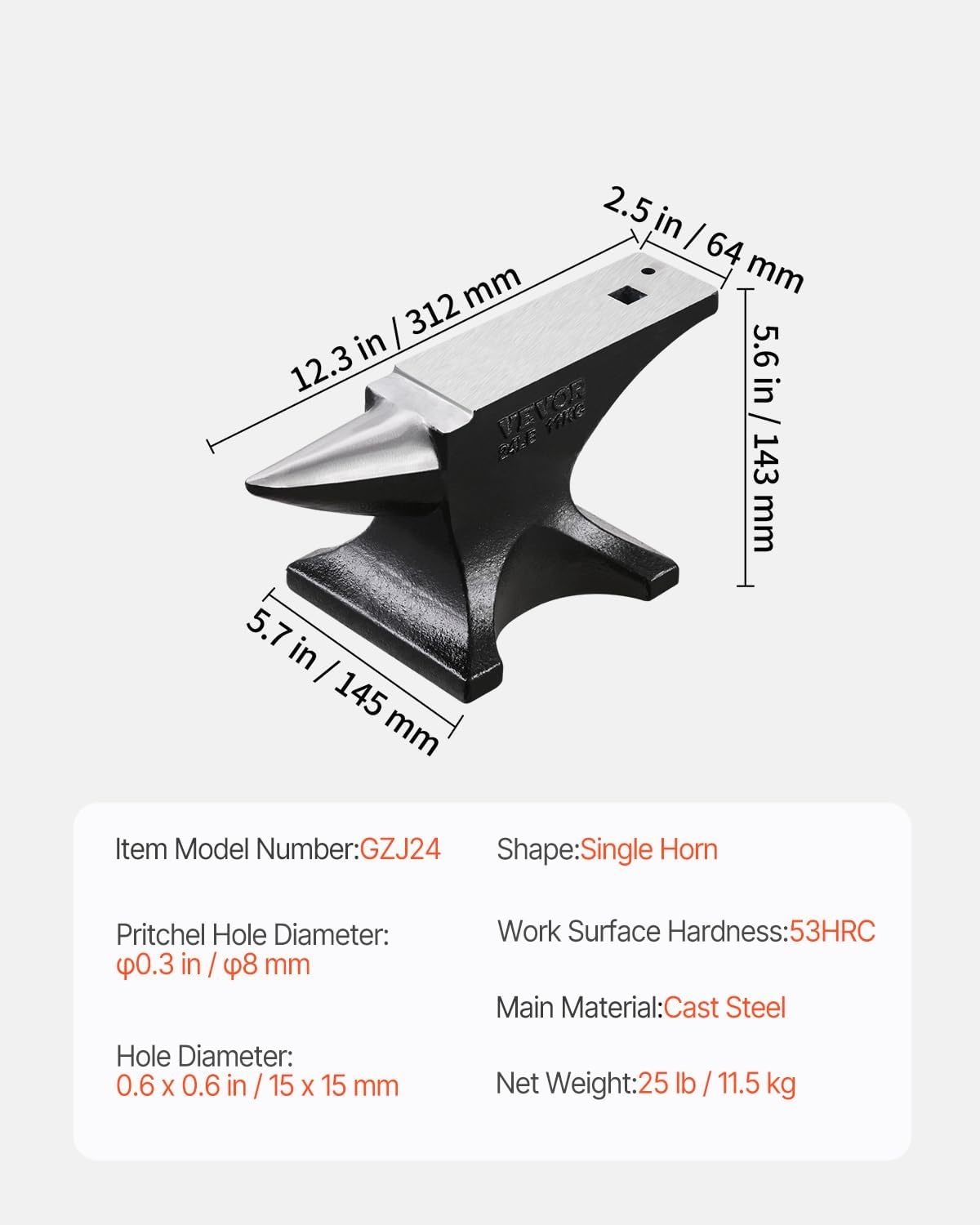 image:imageVEVOR Single Horn Anvil 25lbs Cast Steel Anvil with Stable Base Metal Working Tool for Blacksmiths25LBs
