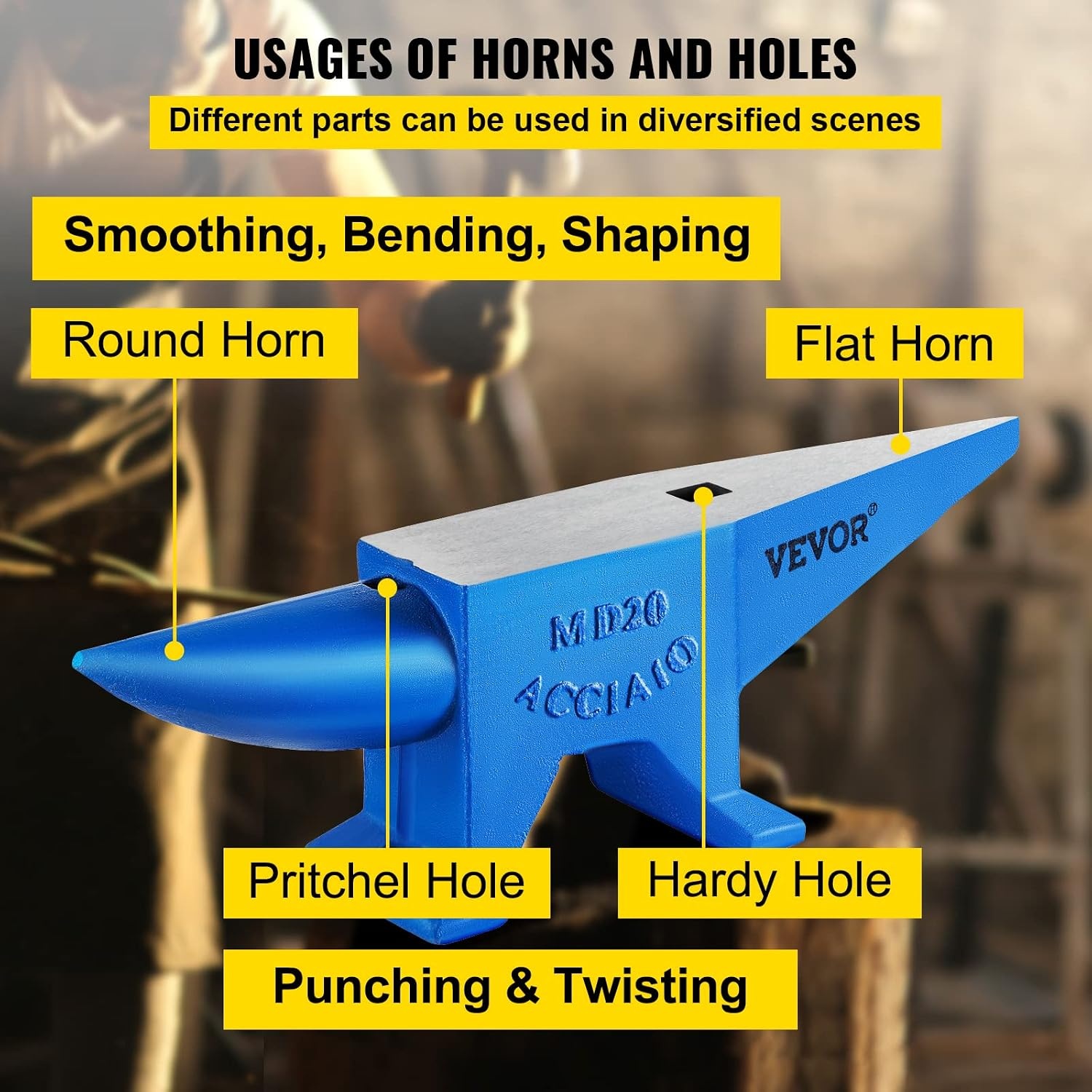 image:imageVEVOR Single Horn Anvil 25lbs Cast Steel Anvil with Stable Base Metal Working Tool for BlacksmithsBlue 44LBs