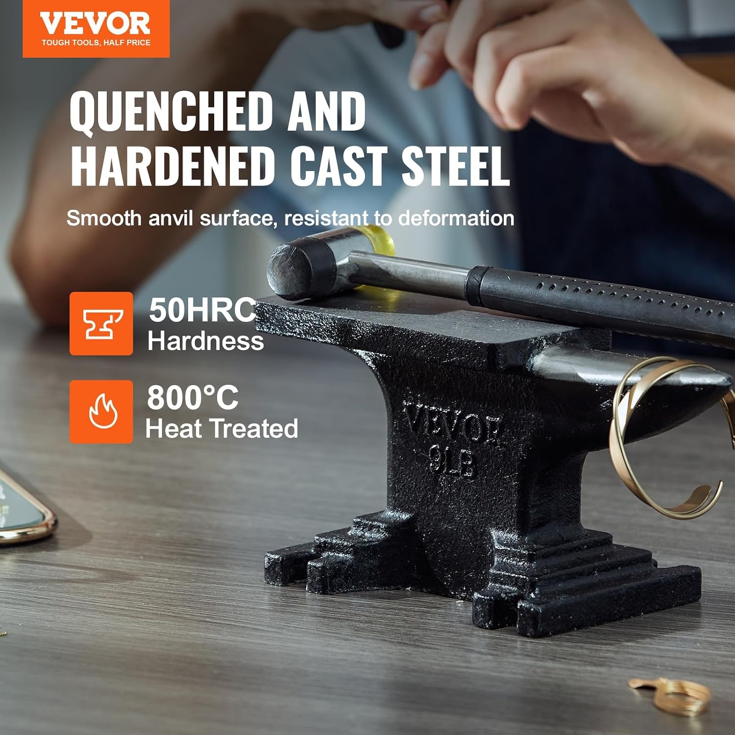 image:imageVEVOR Single Horn Anvil 55lbs Cast Steel Anvil High Hardness Rugged Round Horn Anvil for Blacksmiths with Large Countertop and Stable Base Metal Working Tool for Metal Bending Shaping TwistingBlack 9LB