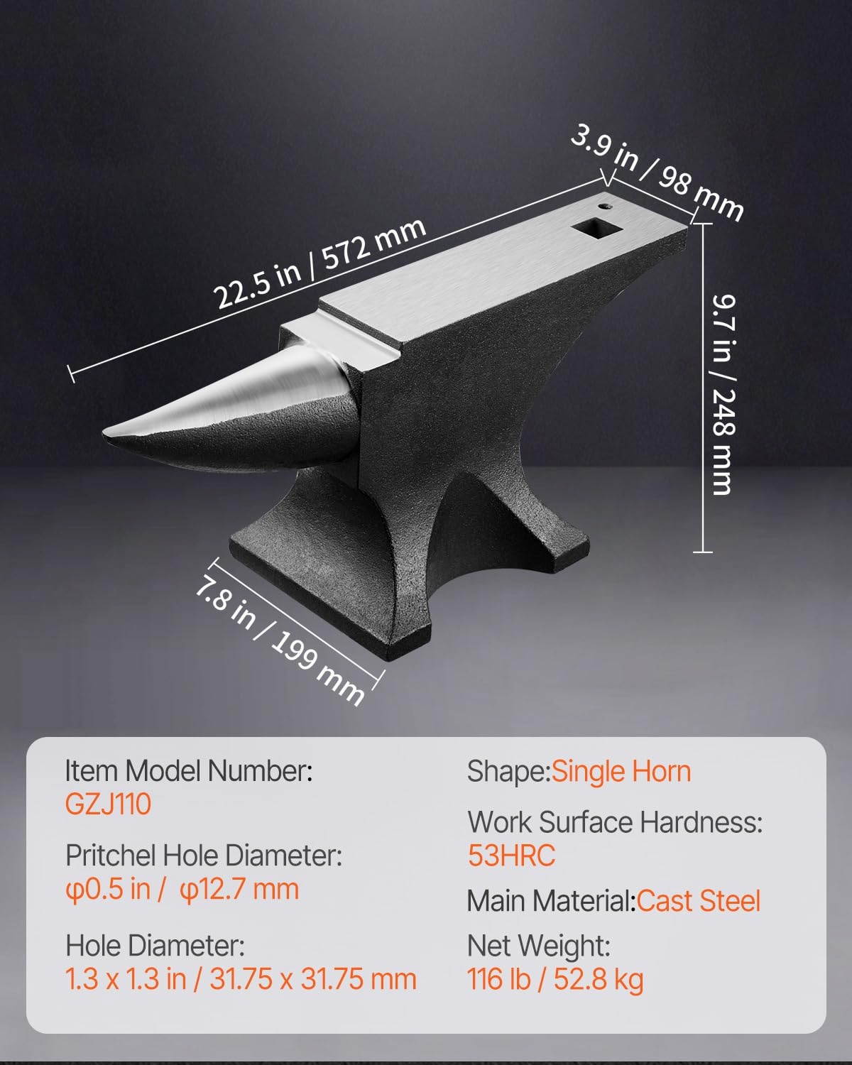 image:imageVEVOR Single Horn Anvil 55lbs Cast Steel Anvil High Hardness Rugged Round Horn Anvil for Blacksmiths with Large Countertop and Stable Base Metal Working Tool for Metal Bending Shaping TwistingBlack 110LB