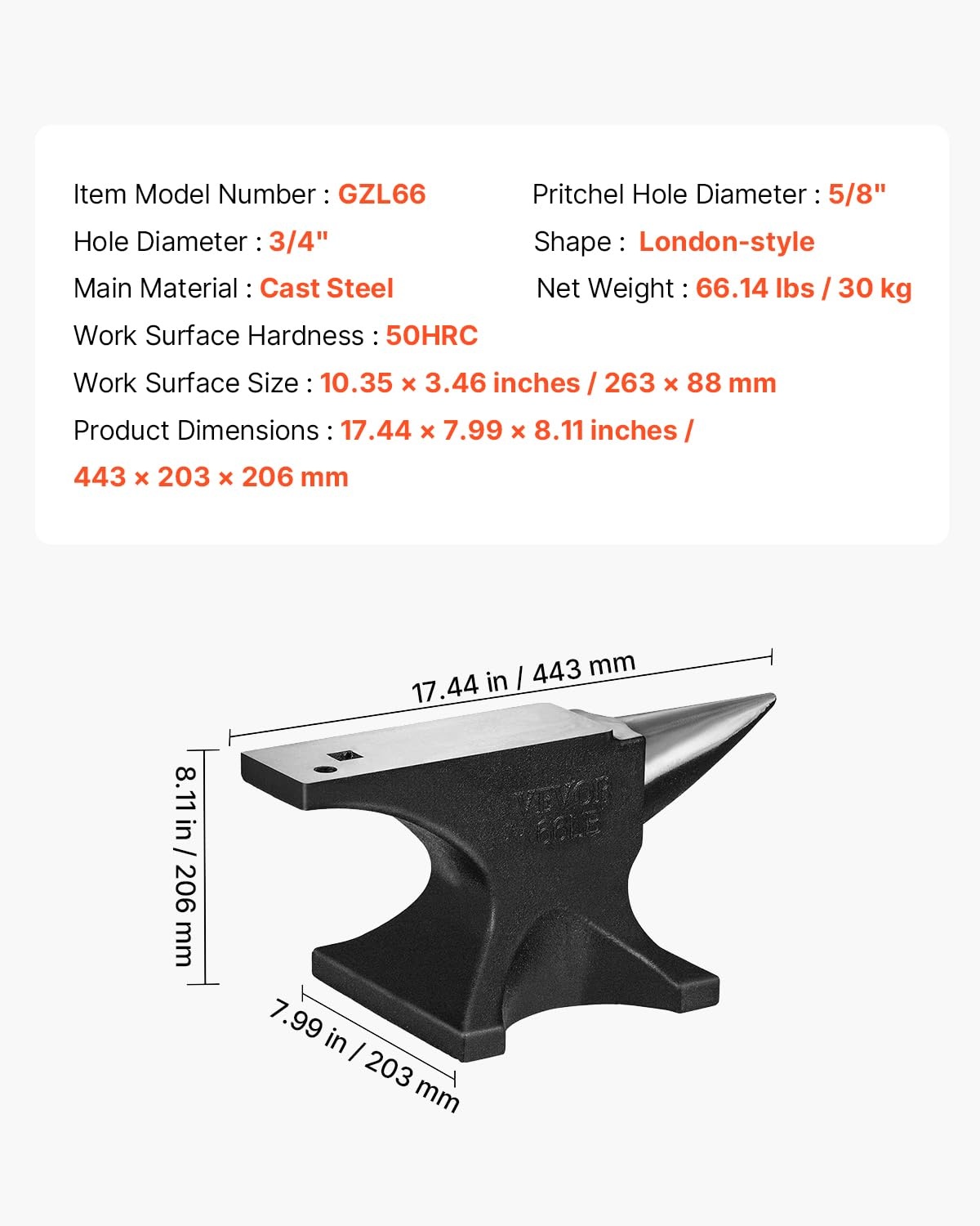 image:imageVEVOR Single Horn Anvil 66 lbs High Hardness Cast Steel Rugged Round Horn Anvil Blacksmith with Pritchel and Hardy Hole Large Countertop Stable Base Metalsmith Tool for Bending and ShapingBlack