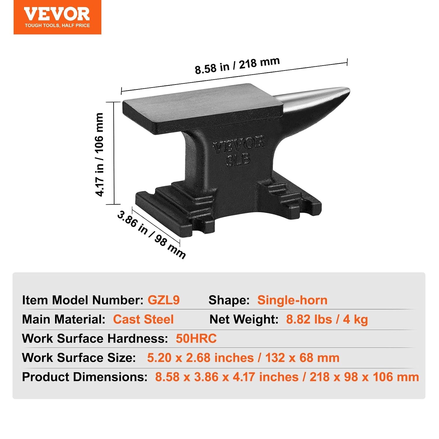 image:imageVEVOR Single Horn Anvil 9 Lbs Cast Steel Anvil High Hardness Rugged Round Horn Anvil Blacksmith Compact Design and Stable Base Forge Tools and Equipment Metalsmith Tool for Bending and ShapingBlack 9LB