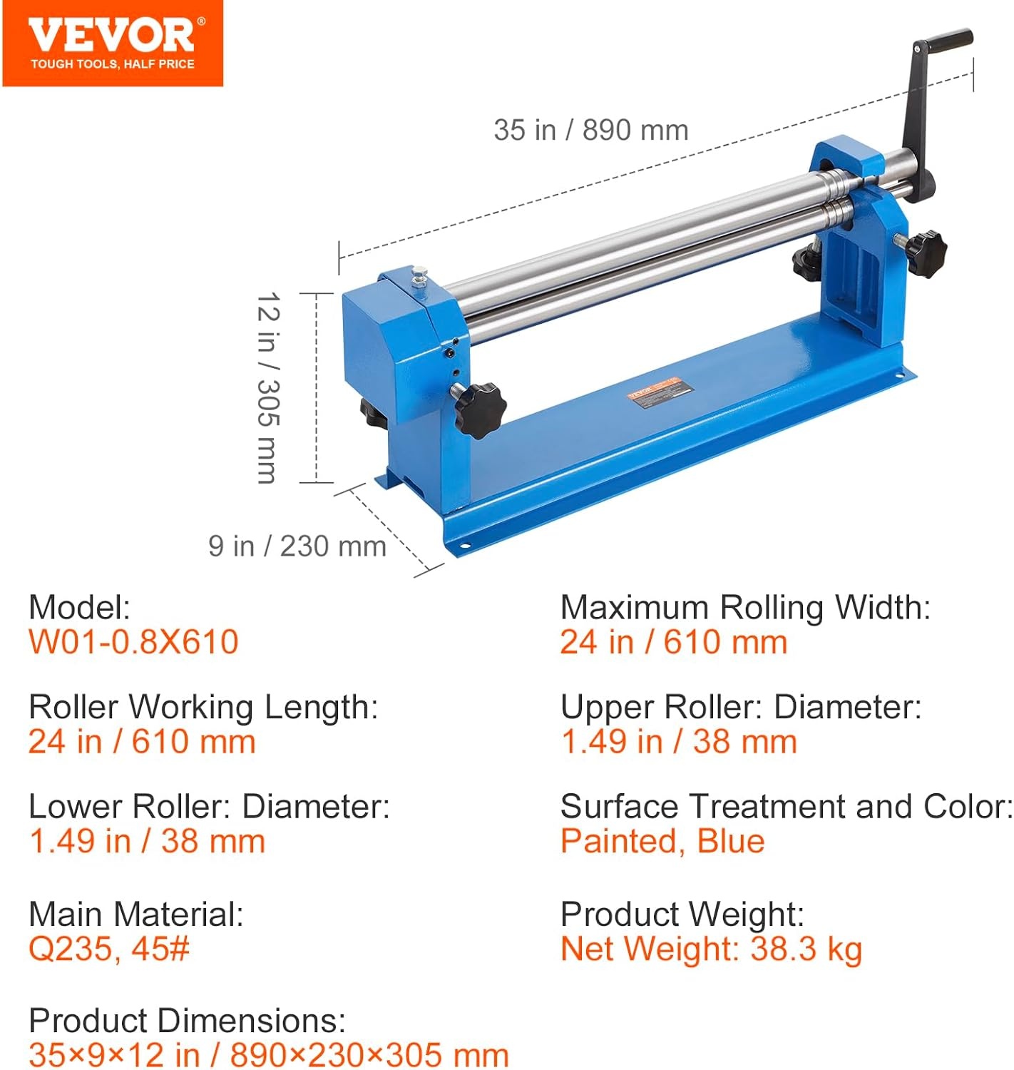 image:imageVEVOR Slip Roll Machine 24Inch Forming Width 16 Gauge Capacity Sheet Metal Slip Roller with 2 Detachable Rollers Bending Round Machine for Aluminum Alloy Sheet Low Carbon Steel Copper Sheet