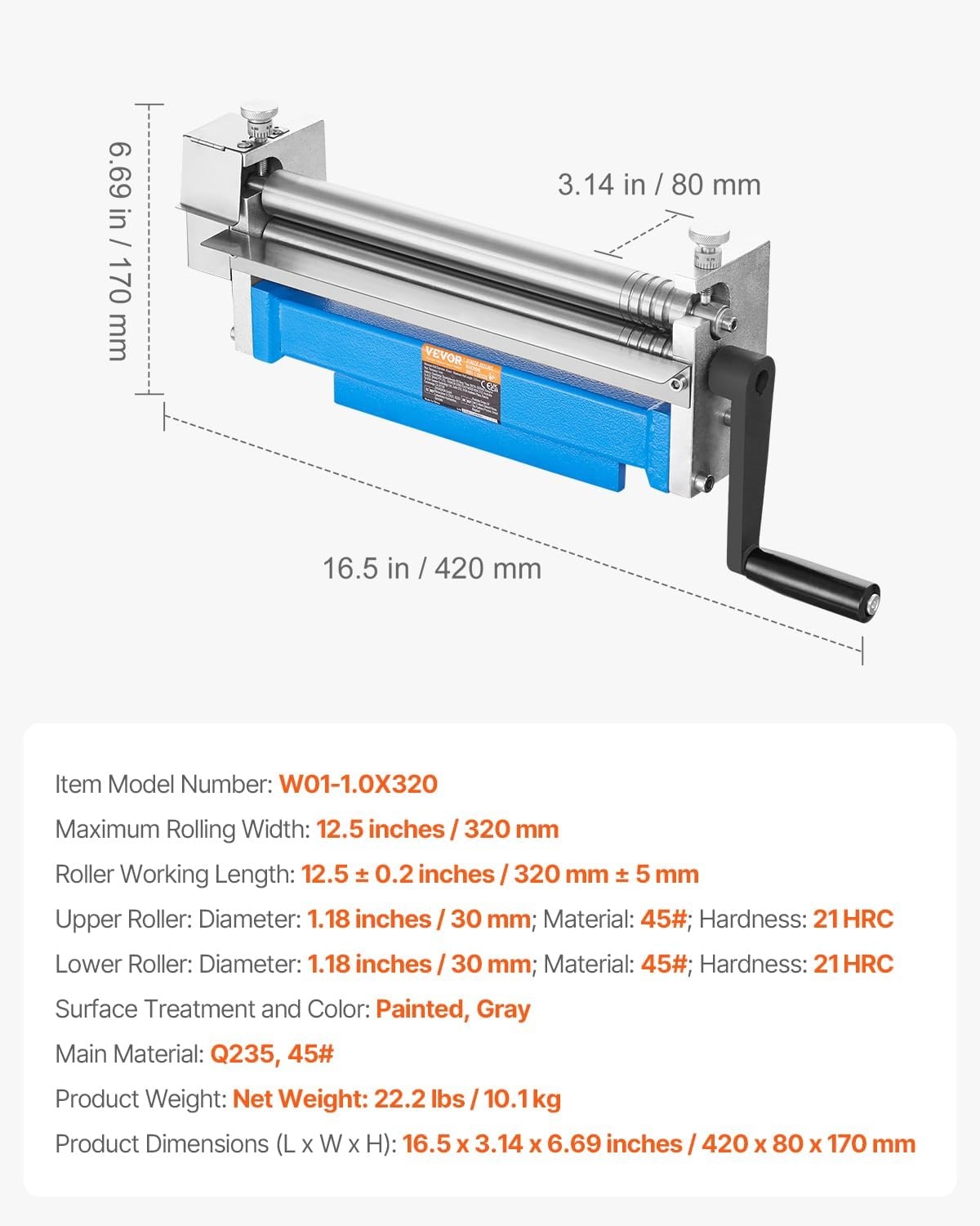image:imageVEVOR Slip Roller 126 inches Sheet Metal Slip Roll Machine 20 Gauge Capacity Rolling Bending Machine with Detachable Rollers 21 HRC for Aluminum Alloy Sheet Low Carbon Steel Copper Sheet
