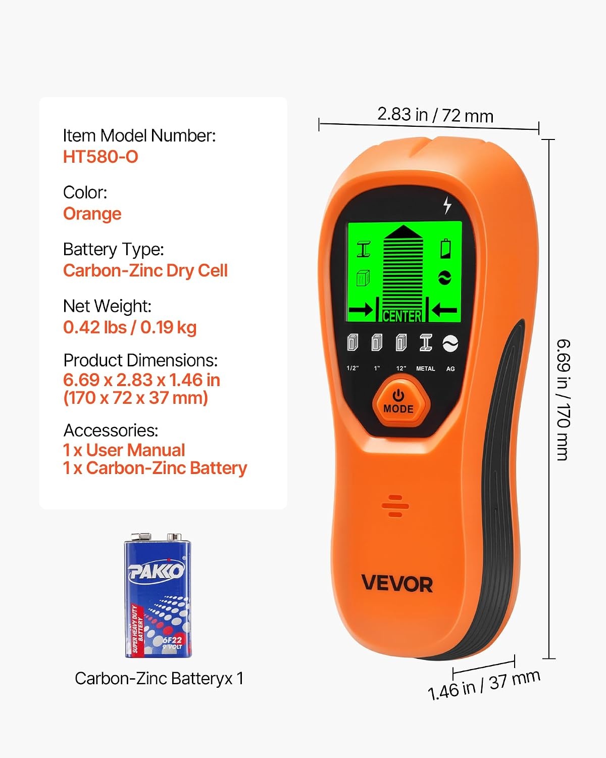 image:imageVEVOR Stud Finder Wall Scanner 5 in 1 Electronic Wall Stud Detector with Smart Sensor HighDefinition LCD Display and Audio Alarm for the Center and Edge of Metal AC Wire Joists Pipes Orange