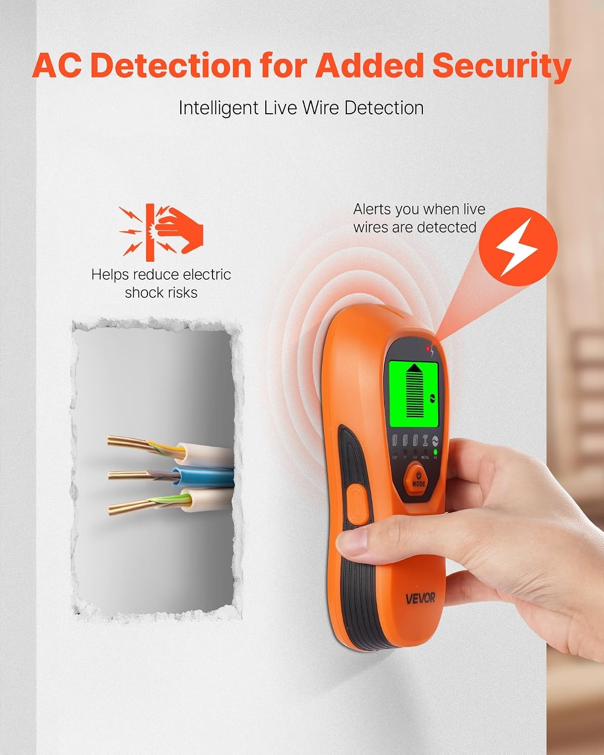 image:imageVEVOR Stud Finder Wall Scanner 5 in 1 Electronic Wall Stud Detector with Smart Sensor HighDefinition LCD Display and Audio Alarm for the Center and Edge of Metal AC Wire Joists Pipes Orange