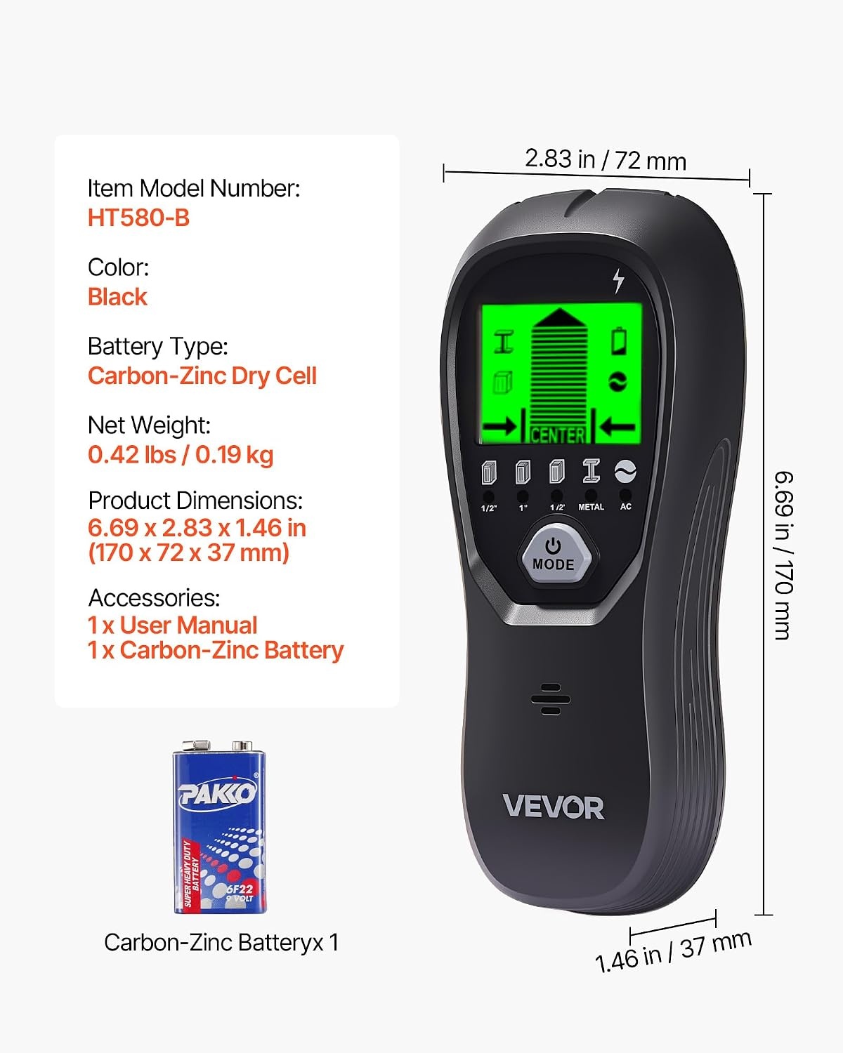 image:imageVEVOR Stud Finder Wall Scanner 5 in 1 Electronic Wall Stud Detector with Smart Sensor HighDefinition LCD Display and Audio Alarm for the Center and Edge of Metal AC Wire Joists Pipes Black